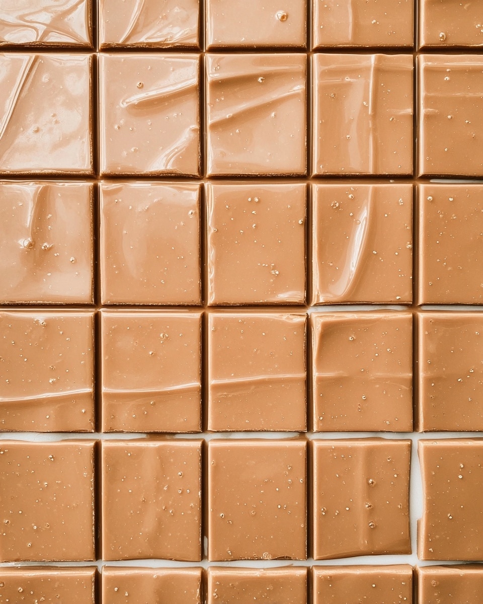 This image shows a grid of 24 small square pieces of smooth milk chocolate, arranged closely in four rows and six columns. The chocolate surface looks creamy and shiny with some light reflections and subtle streaks, giving it a fresh and rich feel. The color is a soft light brown with small raised dots scattered lightly across the top. The background is a white marbled texture that contrasts softly with the chocolate. photo taken with an iphone --ar 4:5 --v 7
