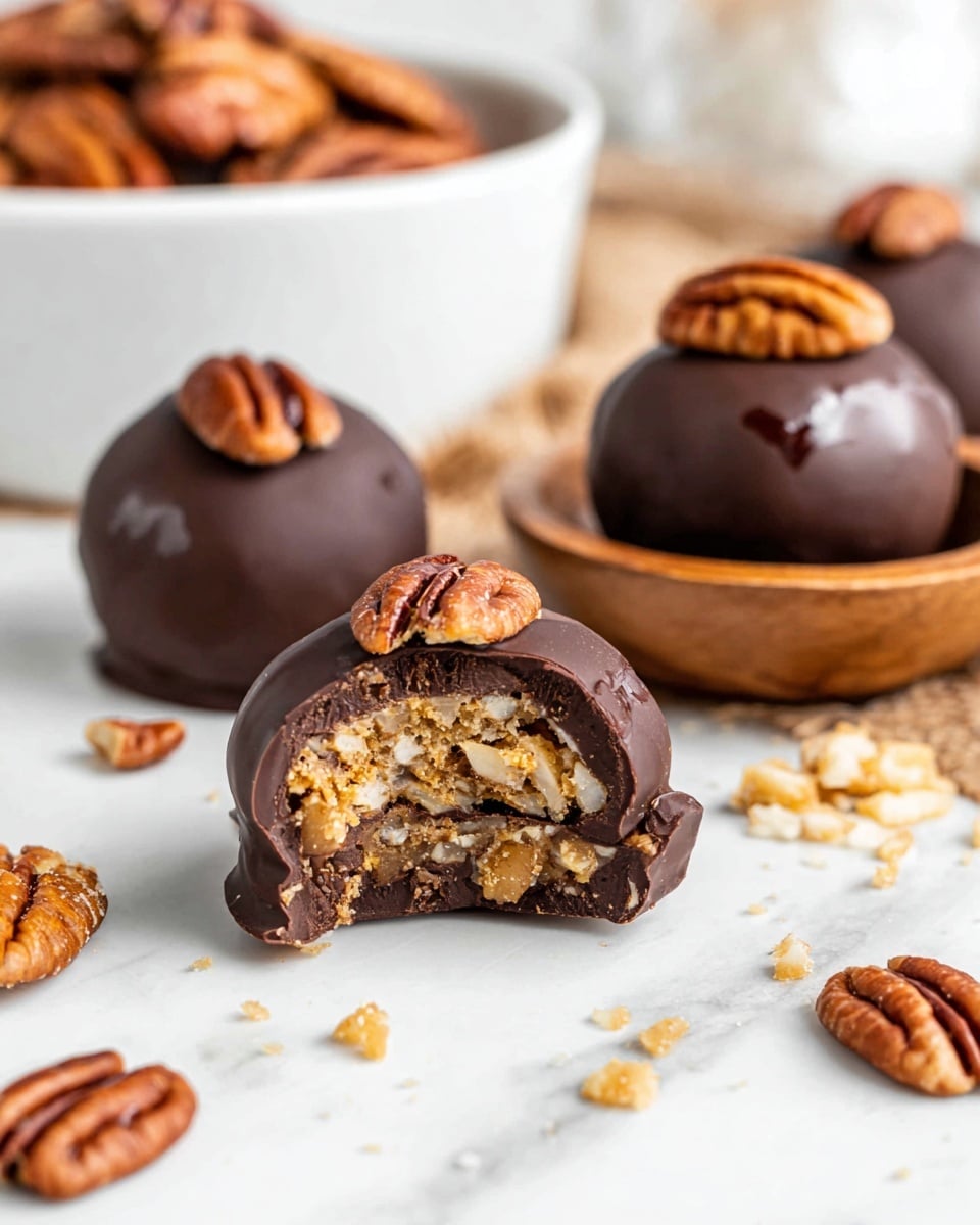 The image shows three round chocolate-covered treats on a white marbled surface. The closest treat is bitten, revealing a textured inside made of small nut pieces in a light tan color, layered inside a smooth, dark brown chocolate shell. Each treat is topped with two shiny pecan halves in a brown shade. Around the treats, there are broken nut pieces and light tan cookie crumbs scattered. In the background, a white bowl contains more of the chocolate-covered treats, and a wooden bowl filled with pecans is partially visible on the left side. photo taken with an iphone --ar 4:5 --v 7
