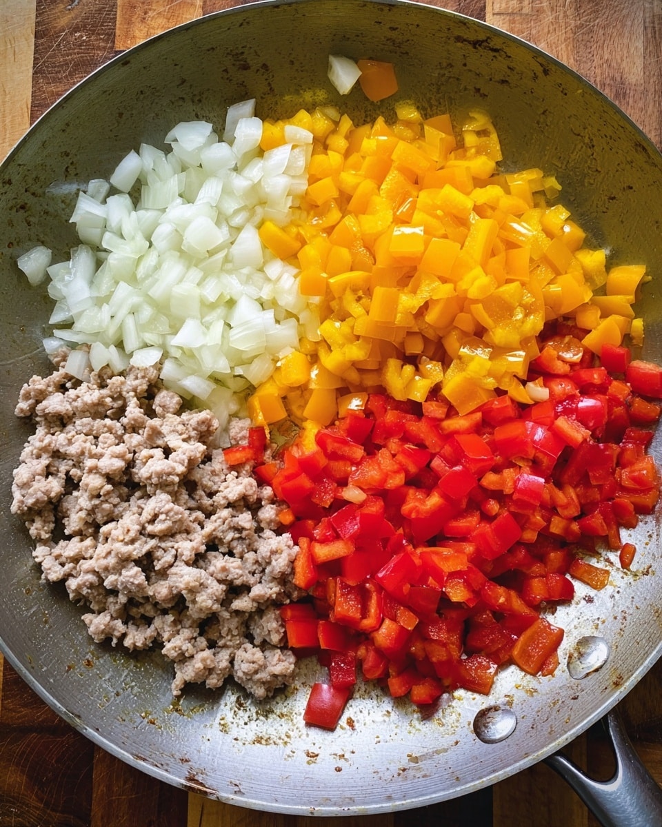 A large metal pan holds four distinct piles of ingredients arranged separately. In the top left is a pile of finely chopped white onions with a slightly translucent texture. Next to it on the top right, there is a bright yellow pile of chopped bell peppers with a smooth, glossy surface. Below the yellow peppers on the bottom right is a pile of chopped red bell peppers, also shiny and vibrant. To the bottom left, there is cooked ground meat that is crumbly and light brown. The pan sits on a wooden surface with some food bits scattered around. photo taken with an iphone --ar 4:5 --v 7