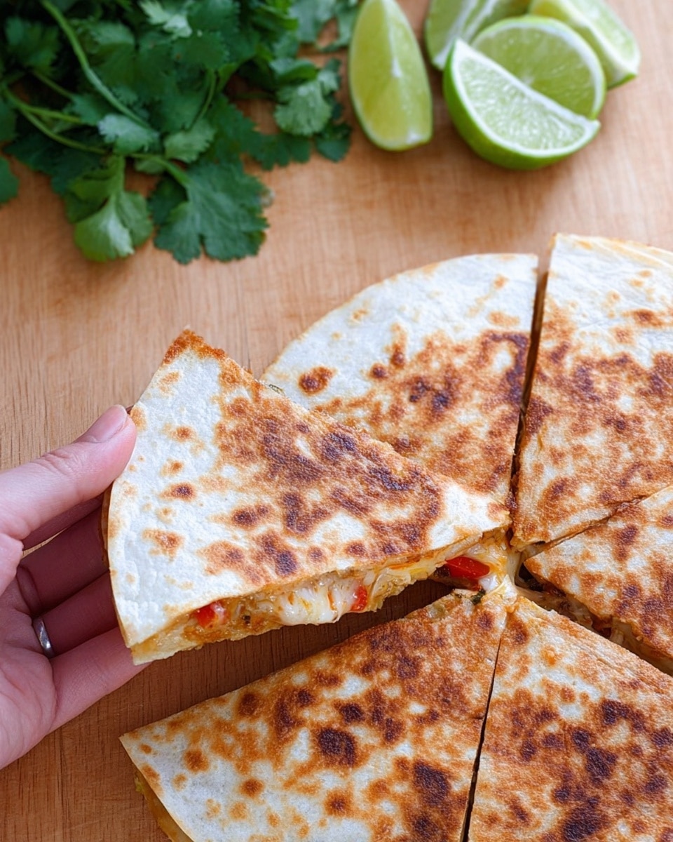 A quesadilla is shown cut into four triangle pieces on a light brown wooden surface. The top tortilla is golden brown with uneven darker spots, slightly crispy in texture. One triangle is held by a woman's hand from the left side, revealing the layers inside. The filling has visible melted cheese that stretches slightly, with bits of red (likely bell pepper) and translucent caramelized onions inside. In the background, there are fresh green cilantro leaves and three lime wedges placed on the same wooden surface. The scene is brightly lit, with natural colors and a fresh look. Photo taken with an iphone --ar 4:5 --v 7