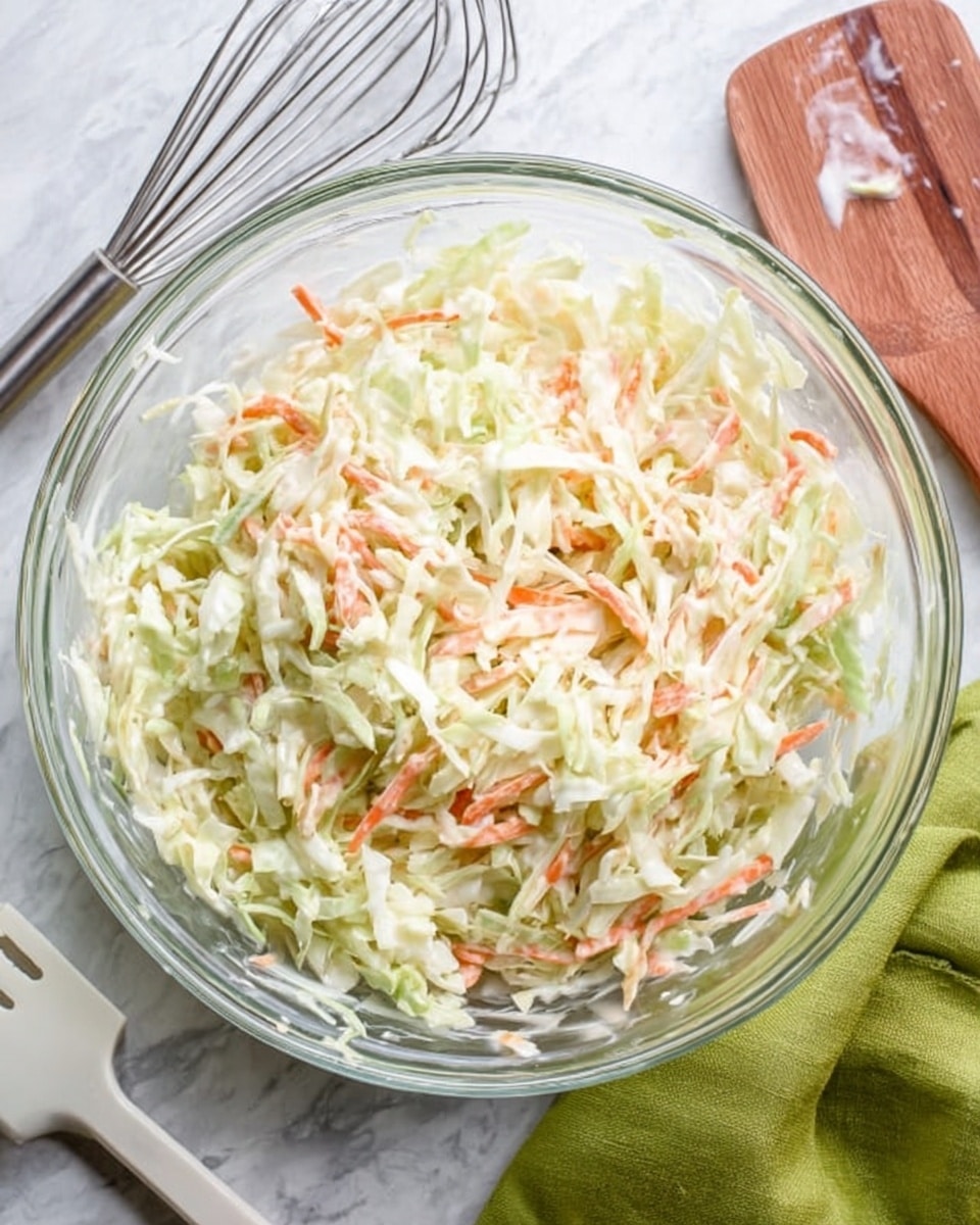 A clear glass bowl filled with shredded pale green cabbage and thin orange carrot slices, all mixed together in a creamy white dressing that coats the vegetables evenly. The bowl sits on a white marbled surface next to a metal whisk and a white spatula with a faint smear of dressing on it. A green cloth is placed nearby, adding a touch of color to the scene. photo taken with an iphone --ar 4:5 --v 7