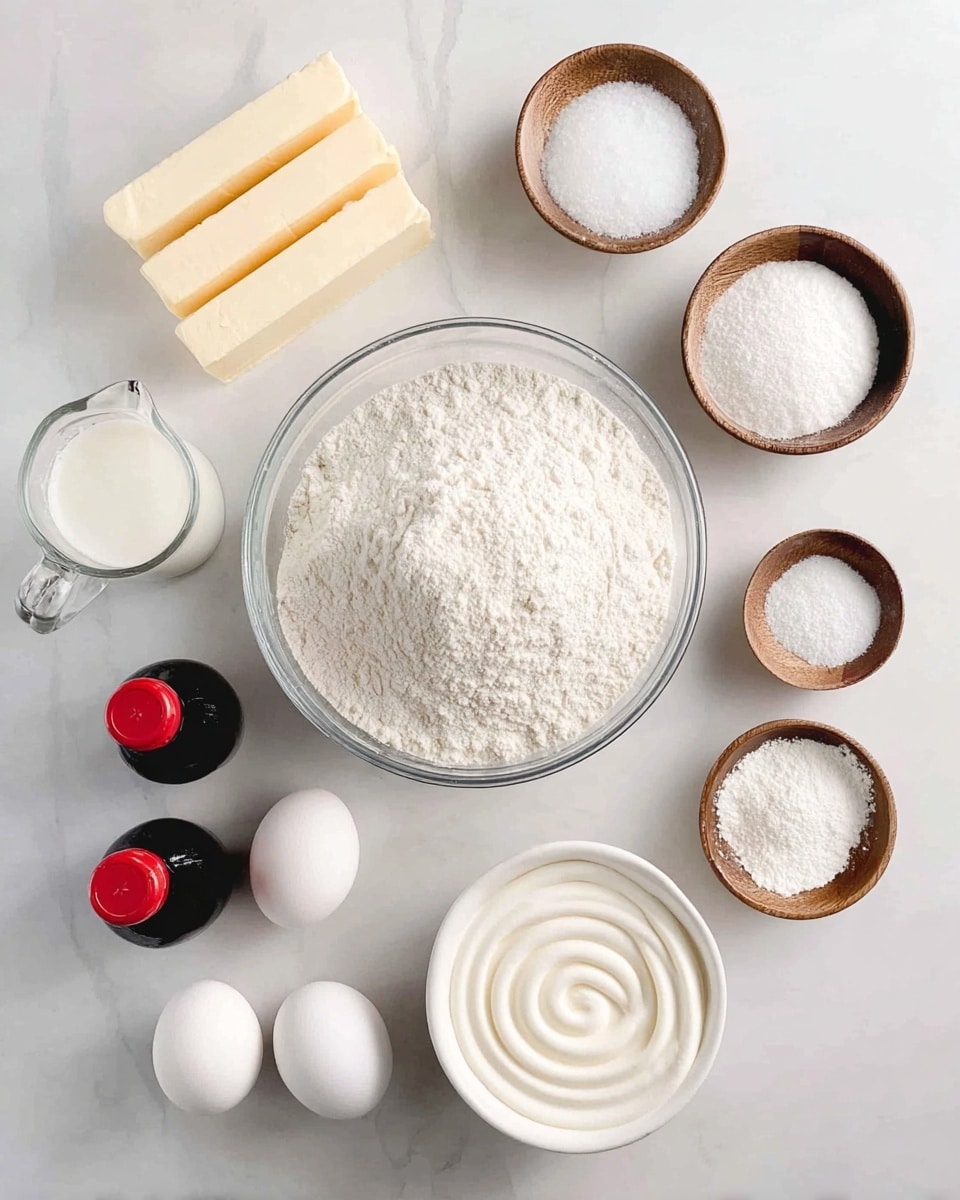 The image shows ingredients for baking arranged neatly on a white marbled surface. There is a large clear glass bowl in the center filled with white flour. On the left side, two sticks of pale yellow butter are stacked, and above them is a clear measuring cup filled with milk. On the bottom left, there are two small black bottles with red caps. Towards the middle right, there are four white eggs placed close together. Next to the eggs on the right is a medium white bowl filled with a smooth spiral of white sugar or cream. At the top, there are three small wooden bowls; one with a white powder (likely baking soda or baking powder), one with salt, and one with another white ingredient. Another white bowl is filled with powdered sugar or flour in the upper right corner. The whole scene is bright and clean, showing the raw materials before mixing. Photo taken with an iphone --ar 4:5 --v 7