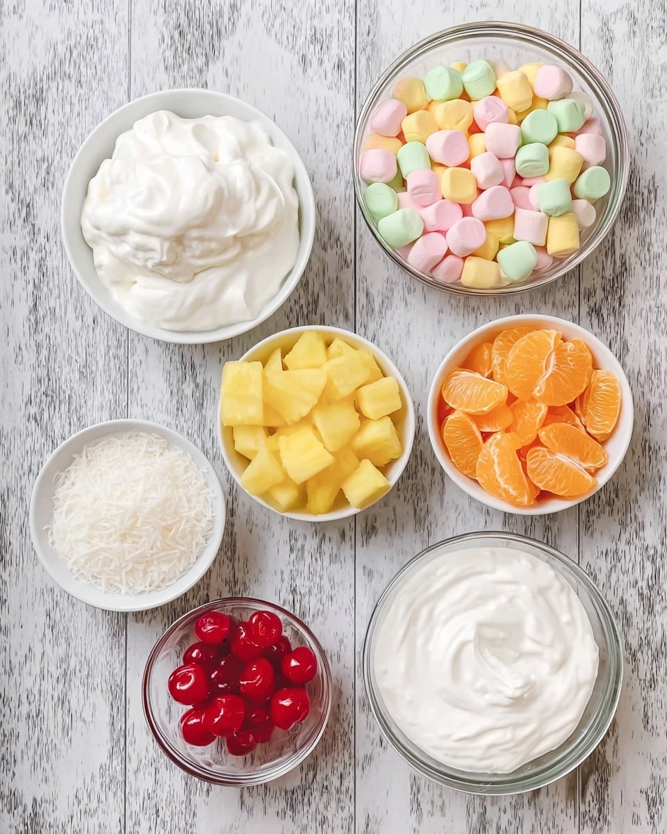 There are six different bowls filled with ingredients placed on a white marbled textured surface. Starting from the top left, there is a white bowl filled with smooth, white whipped cream. To the right, a clear glass bowl is filled with many small pastel-colored marshmallows in light shades of pink, green, yellow, and orange. Below the whipped cream, a white bowl holds bright yellow pineapple chunks. Next to it on the right, a white bowl is full of vivid orange mandarin segments. Below the pineapple, a clear glass bowl has finely shredded white coconut. To the right of the coconut, a clear glass bowl contains smooth, thick white cream. Finally, at the bottom right, a small white bowl is filled with shiny red maraschino cherries. The bowls are neatly arranged, showing their different colors and textures clearly. photo taken with an iphone --ar 4:5 --v 7