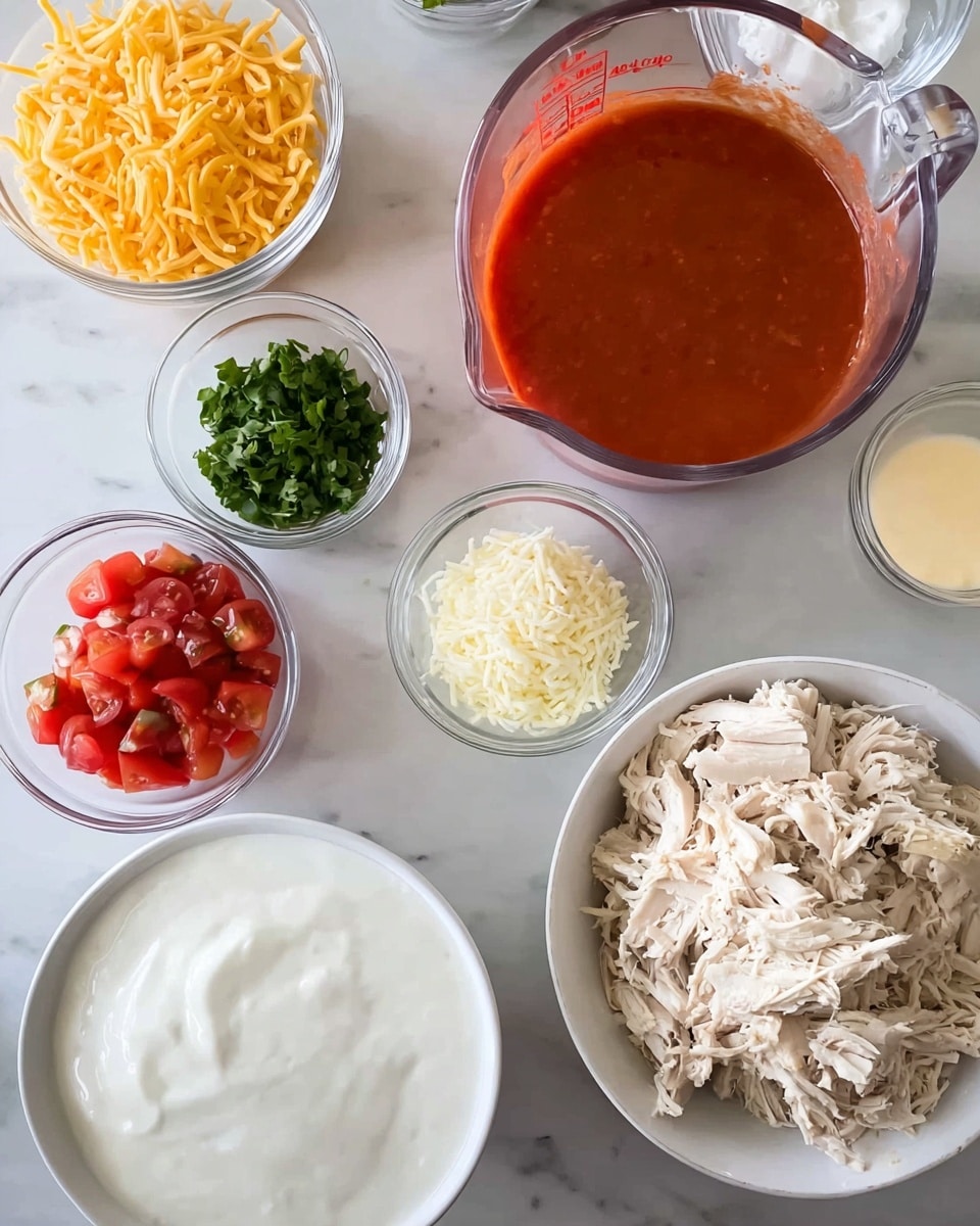 A white bowl filled with shredded cooked chicken sits on the right, next to a clear glass measuring cup filled with bright red tomato sauce. Surrounding these are small clear glass bowls holding grated yellow cheese, grated white cheese, chopped red tomatoes, and chopped green herbs. A white bowl with a thick white creamy substance is also present. All items rest on a white marbled surface. Woman's hand can be seen at the bottom left corner. photo taken with an iphone --ar 4:5 --v 7