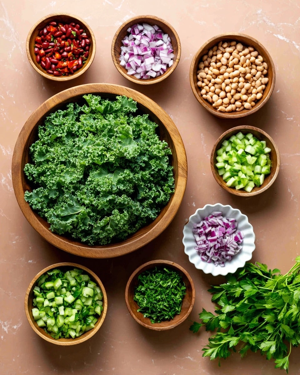 A large wooden bowl in the center is filled with bright green curly kale leaves, creating a full textured layer. Around it are five smaller wooden bowls: one with small red diced pieces, another with small light brown round beans, a third with small green diced pieces, a fourth with small light green diced cucumber chunks, and a fifth with small purple diced pieces. Two white scalloped bowls hold chopped leafy green herbs, positioned to the right and bottom left of the image. A small bunch of fresh green parsley lies on the right on a white marbled surface. The arrangement has a neat and colorful look, showing fresh vegetable ingredients in separate bowls. Photo taken with an iphone --ar 4:5 --v 7