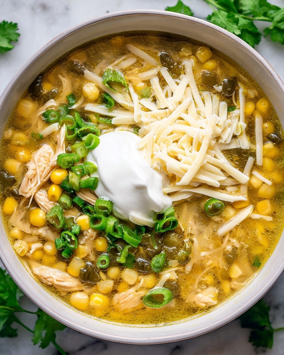 A white bowl filled with a soup that has three main layers: a yellow broth base mixed with whole yellow corn kernels and shredded light beige chicken pieces, scattered dark green jalapeno or chili pieces, and chopped green onions distributed evenly throughout. On top, there is a dollop of smooth white sour cream and a pile of thin, shredded white cheese to the side of the sour cream. The bowl rests on a white marbled surface with some green cilantro leaves around it. Photo taken with an iphone --ar 4:5 --v 7