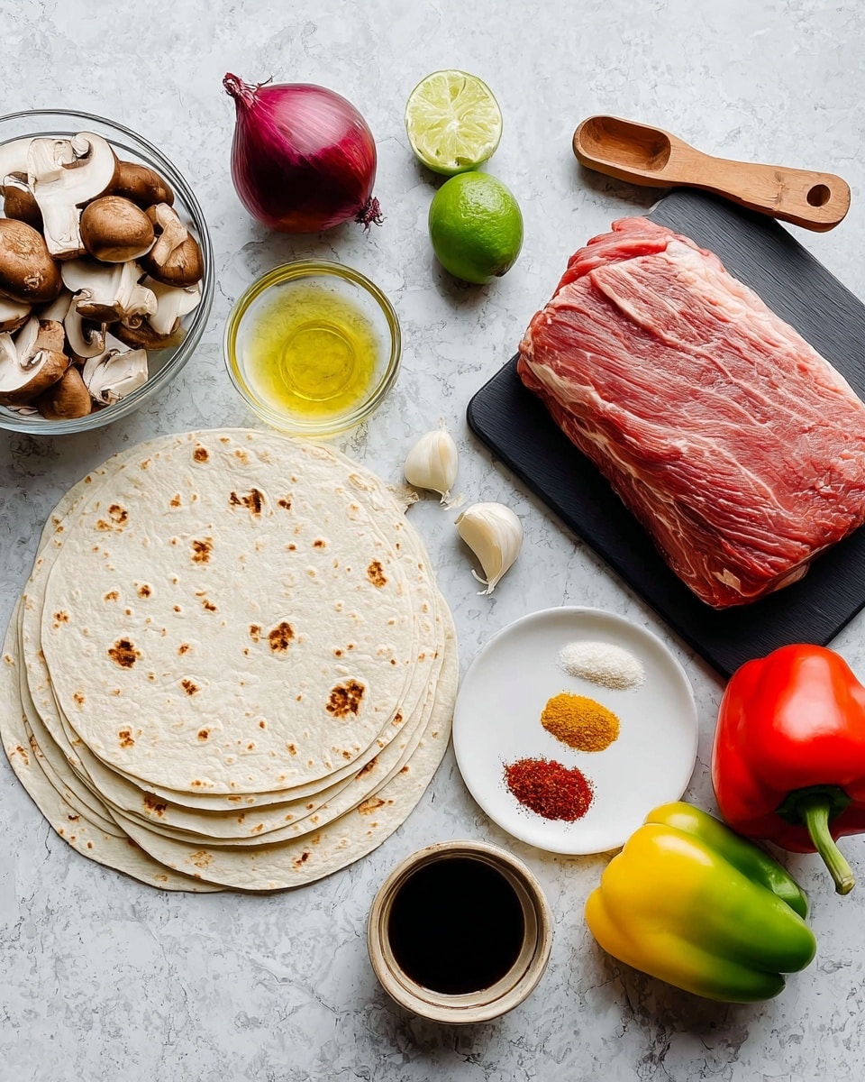 A stack of six round tortillas with light brown spots lies on a white marbled surface, next to a whole red onion with its deep purple skin. To the left, there's a clear glass bowl full of sliced brown mushrooms. Near the center, a small clear bowl of light yellow oil sits beside three peeled garlic cloves and two bright green limes. A small white plate holds colorful spices arranged in four sections: yellow, red, brown, and white. To the right, a large, marbled piece of raw red meat rests on a black cutting board with a wooden-handled measuring spoon filled with dark soy sauce nearby. At the bottom right, three bell peppers in yellow, red, and green colors are placed close together. The whole scene is set on a white marbled surface. photo taken with an iphone --ar 4:5 --v 7