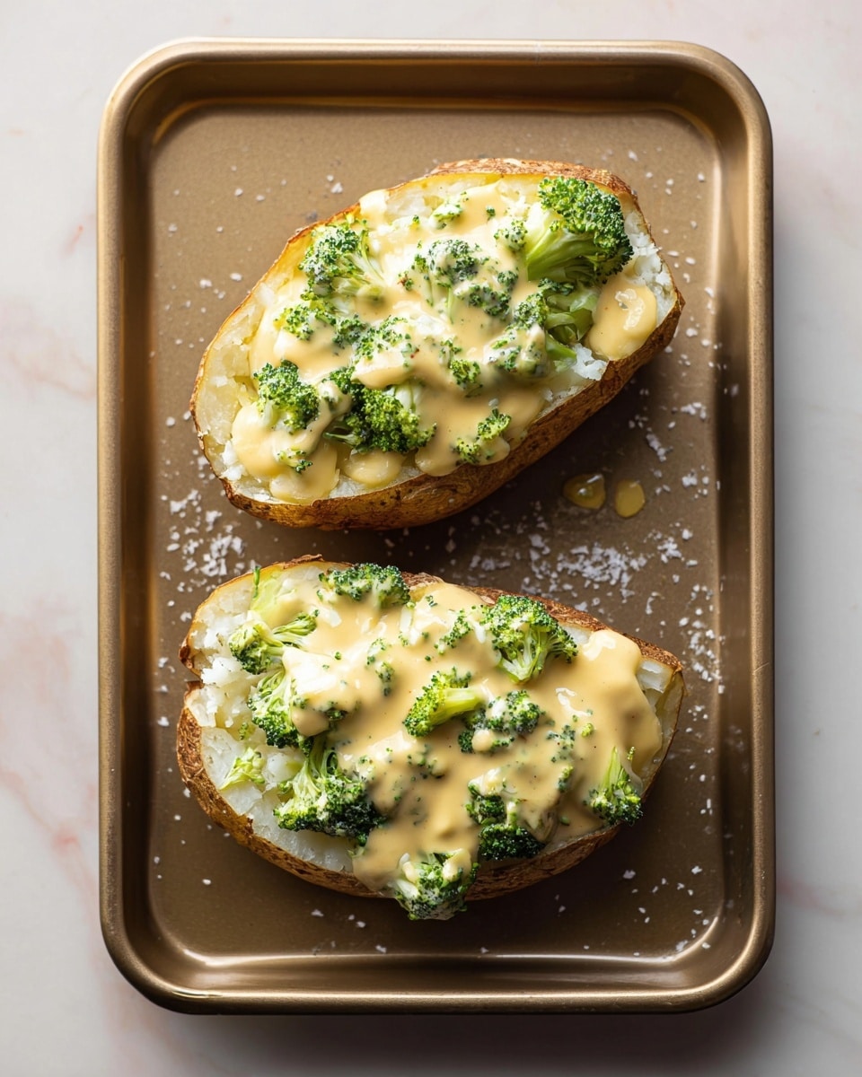 Two halves of a baked potato sit on a metal tray with some salt sprinkled around. Each half has three layers: the outer crispy light brown skin, a fluffy white potato inside, and the top covered generously with creamy light yellow cheese sauce mixed with small pieces of bright green broccoli. The sauce slightly drips over the edges of the potatoes. The tray is placed on a white marbled surface. photo taken with an iphone --ar 4:5 --v 7