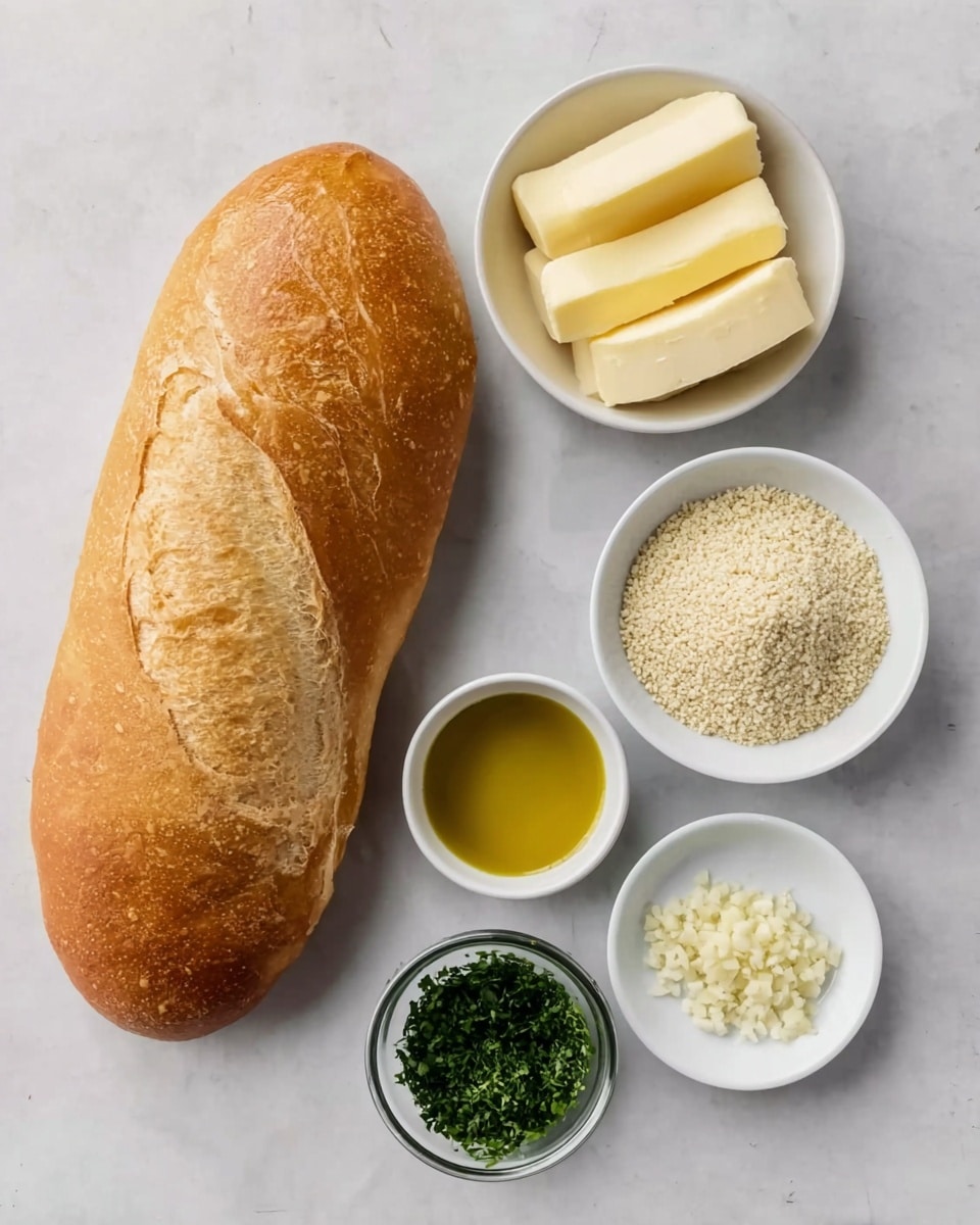 A whole golden brown loaf of bread lies on a white marbled surface to the left. On the right side, there are five small white bowls arranged neatly: the top bowl holds five thick slices of pale yellow butter, below it is a bowl filled with clear olive oil, under that is a bowl of light beige breadcrumbs, next to it a bowl with finely chopped pale garlic pieces, and at the bottom a small clear bowl with fresh dark green chopped herbs. photo taken with an iphone --ar 4:5 --v 7