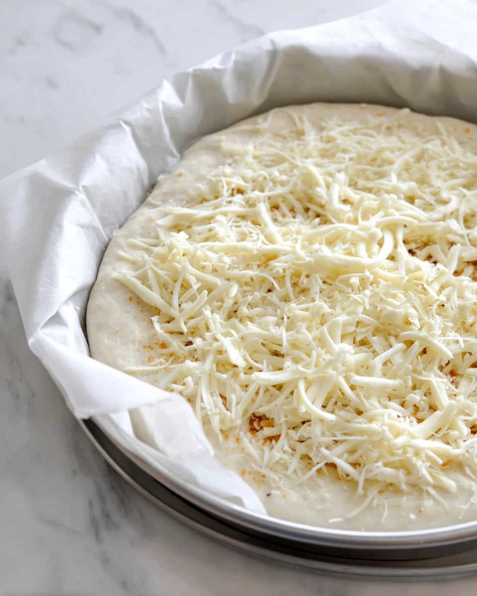 A close-up of an uncooked pizza in a round metal pan lined with white parchment paper. The pizza has one layer of thick white dough with a light golden edge, topped with a thin layer of sauce barely visible under a generous pile of shredded white and slightly yellow cheese spread evenly across the surface. The pan is placed on a white marbled surface. photo taken with an iphone --ar 4:5 --v 7