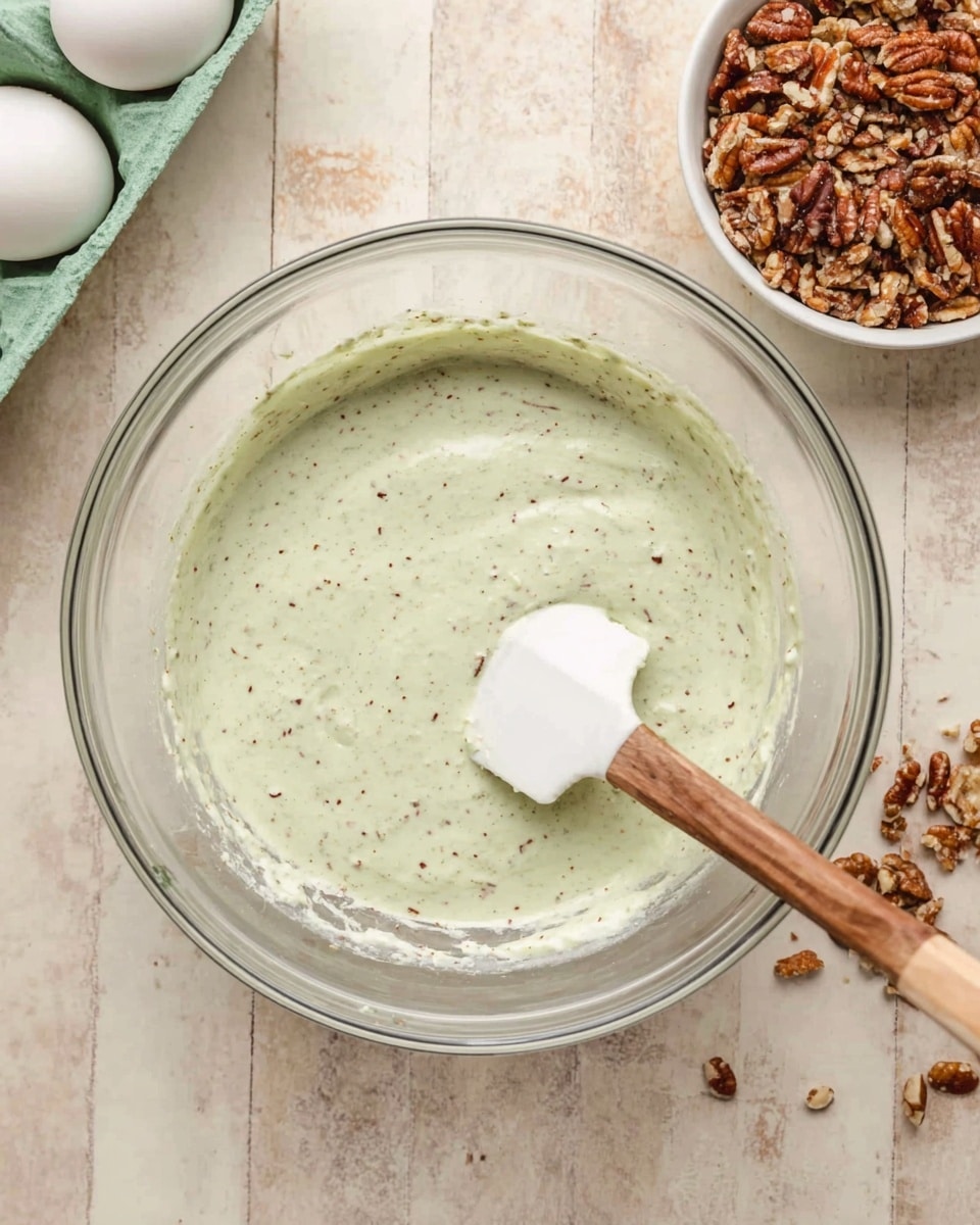 A clear glass bowl sits on a white marbled surface filled with a light green batter that has small brown bits mixed inside. A white spatula with a wooden handle is stirring the batter inside the bowl. To the top right of the bowl, a small white bowl holds a mix of brown nuts or granola, with some scattered on the white marbled surface nearby. To the top left, a light green tray holds white eggs, partially visible. The scene is simple and focused on the mixing bowl. Photo taken with an iphone --ar 4:5 --v 7