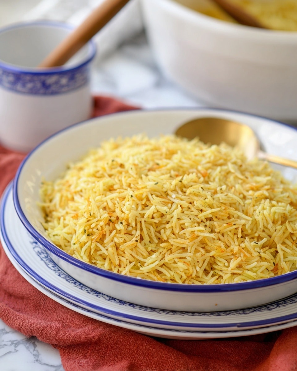 A large white bowl with a thin blue line near the edge is filled with a mound of yellow rice mixed with thin pasta strands, showing a fluffy and slightly textured look, with bits of herbs speckled throughout. A gold spoon rests on the right side inside the bowl. The bowl sits on a red napkin, which is layered on top of a white cloth with blue stripes. Part of another white bowl with the same blue rim is visible on the top right side of the image. The entire setting is placed on a white marbled surface. Photo taken with an iphone --ar 4:5 --v 7