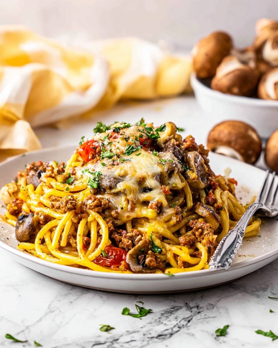 A white plate holds a large mound of yellow spaghetti pasta mixed with ground meat, dark brown mushrooms, and chunks of red tomato, all coated with melted creamy cheese that stretches over the top. Small green herbs are sprinkled over the dish, adding color and freshness. The plate is set on a white marbled surface with a silver fork placed on the right side. In the background, there is a white bowl filled with whole brown mushrooms and a soft yellow-and-white cloth. Photo taken with an iphone --ar 4:5 --v 7