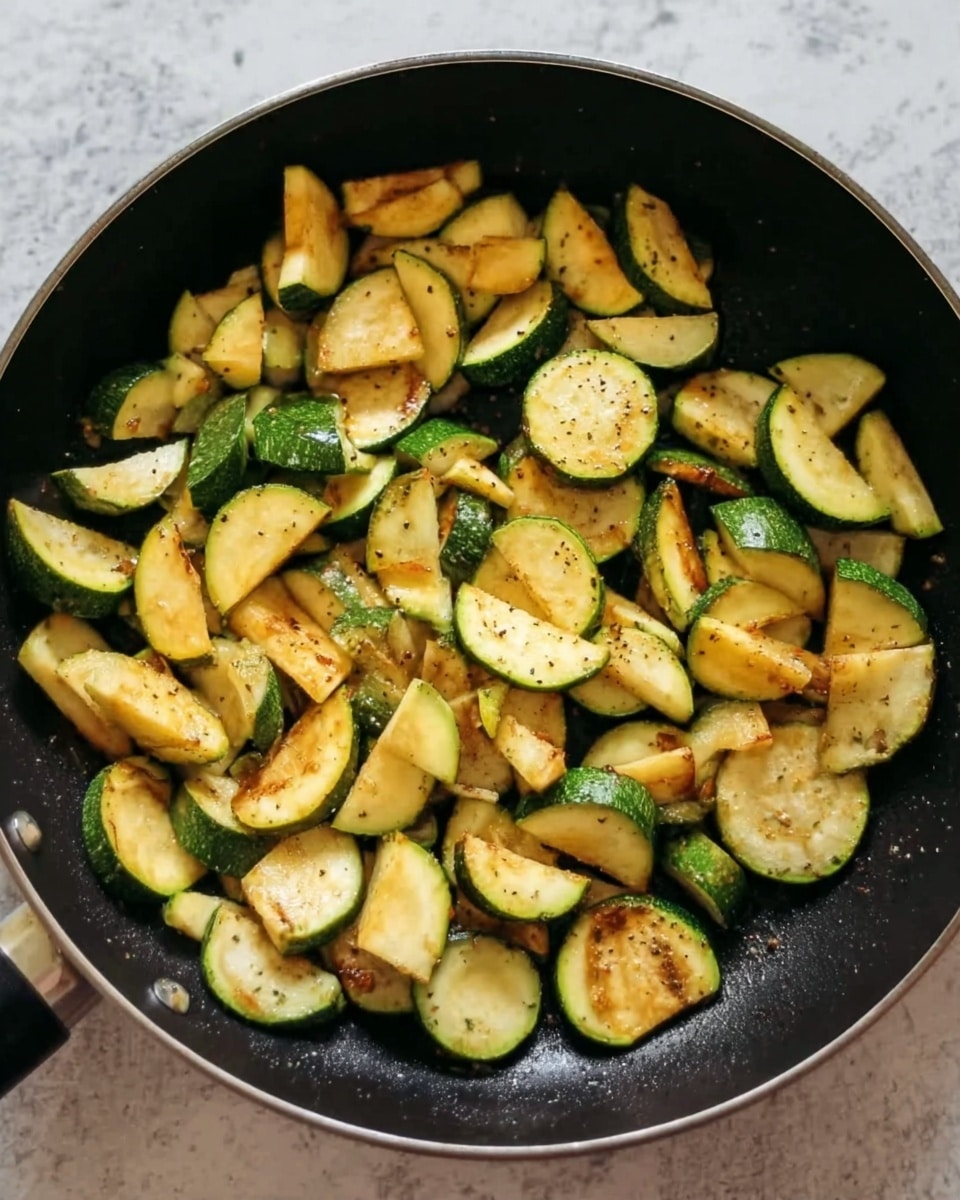 A black pan filled with cooked slices of yellow and green zucchini, some pieces showing light brown marks from cooking, scattered evenly across the pan. The zucchinis are cut into small half-moon and quarter shapes, with a slightly soft texture and flecks of seasoning on top. The background is a white marbled surface. photo taken with an iphone --ar 4:5 --v 7