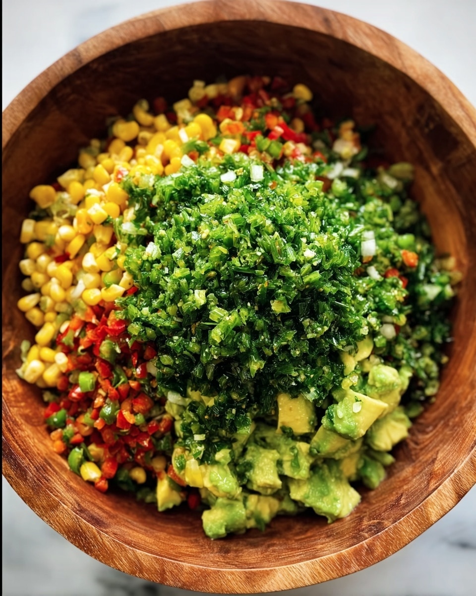 A wooden bowl holds a colorful mix of food layers closely piled together. At the bottom left, there is a layer of yellow corn mixed with small red and green diced pieces resembling peppers. On top of this is a mound of bright green chopped herbs and onions, finely chopped and packed densely in the center and upper right side of the bowl. The overall texture looks fresh and vibrant with a mix of smooth avocado pieces that are light green and creamy-looking, scattered around the bowl edges, partially hidden under the green herbs. The bowl sits on a white marbled surface. photo taken with an iphone --ar 4:5 --v 7