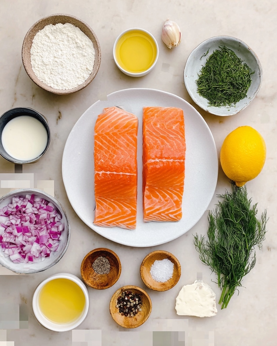 The image shows ingredients arranged on a white marbled surface. In the center, there is a white plate with two bright orange salmon fillets, showing clear muscle lines and texture. Around the plate, there are small white bowls and wooden containers holding different ingredients: a golden yellow lemon on the right, fresh green dill next to it in a white bowl, chopped purple onion in a white bowl below, black pepper and salt in small wooden bowls at the bottom, and a peeled garlic clove at the top. There are also two small white bowls filled with light yellow and clear oil, a white bowl with flour, and a black bowl with a creamy white liquid. The ingredients are neatly spaced, with a clean and fresh look. photo taken with an iphone --ar 4:5 --v 7