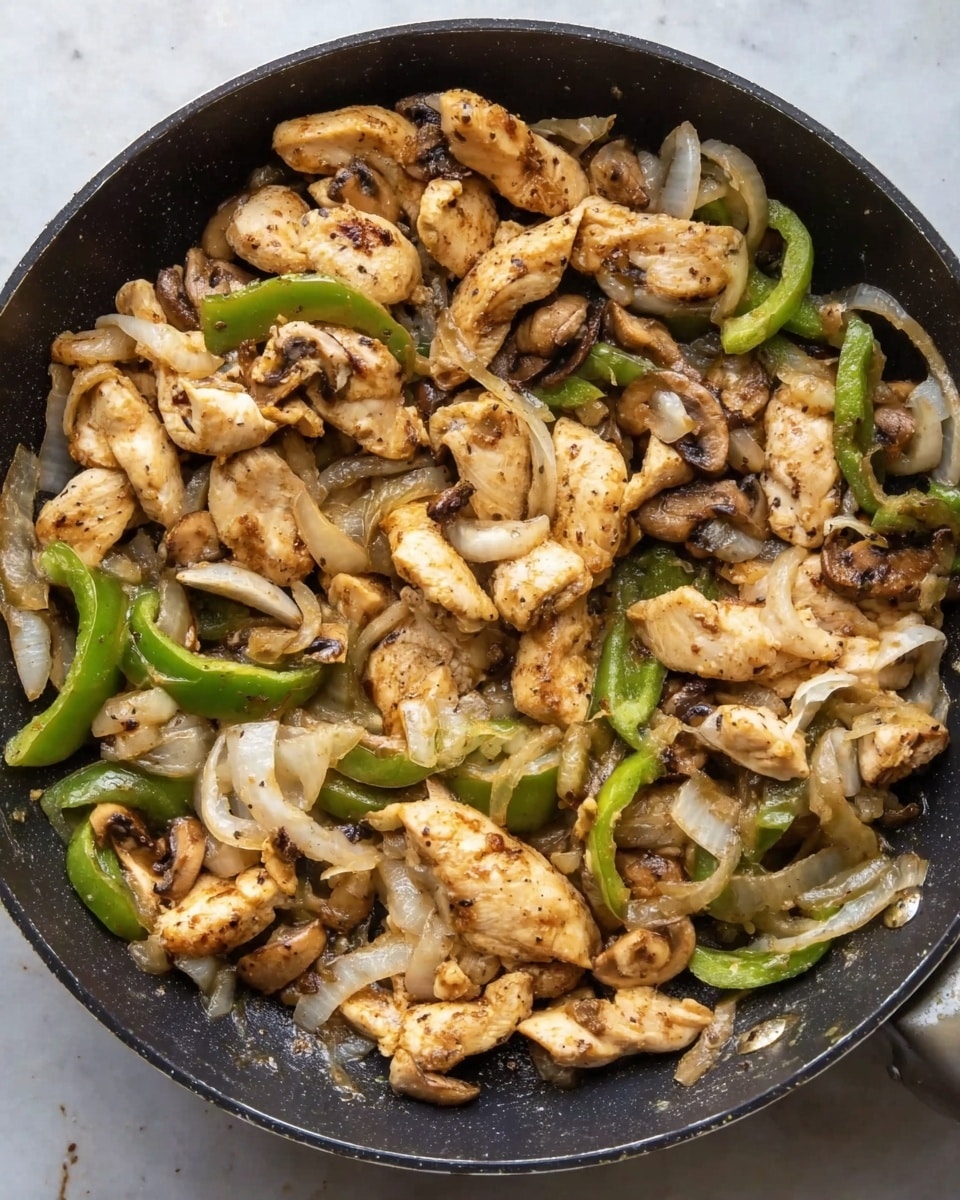 A close-up top view of a black frying pan filled with cooked pieces of light golden chicken, thin slices of green bell pepper, caramelized white onions, and browned mushrooms. The chicken pieces have slight browning on the edges while the vegetables show soft textures and slight charring. The pan sits on a white marbled surface with a few small bits of food around the edges. photo taken with an iphone --ar 4:5 --v 7