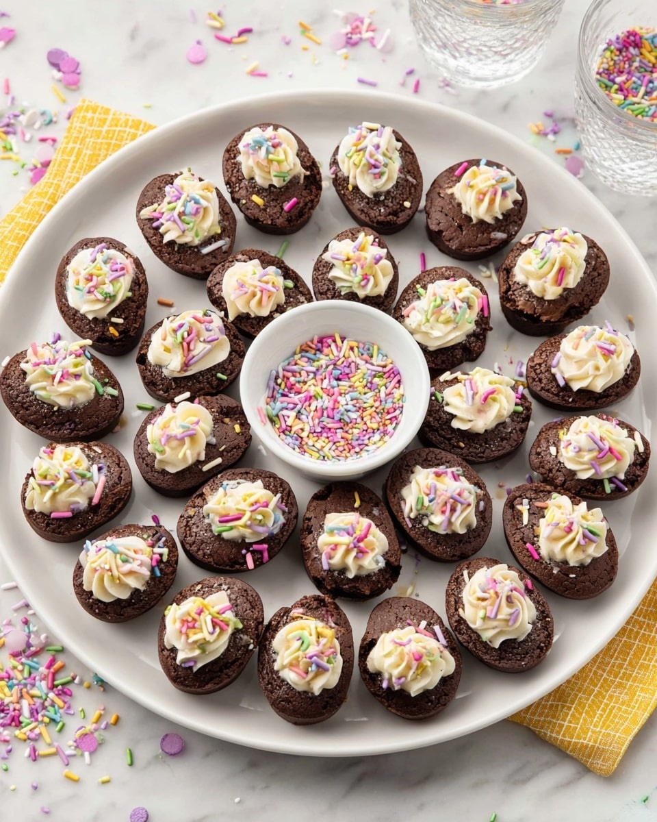 A round white plate holds 22 small, teardrop-shaped chocolate brownie bites arranged in a circle. Each brownie has a slightly cracked dark brown surface and is topped with a swirl of light cream-colored frosting, finished with colorful rainbow sprinkles in pink, green, yellow, purple, and white. In the center of the plate is a small white bowl filled with more vibrant rainbow sprinkles. The plate sits on a white marbled surface scattered with sprinkles, next to a glass of iced water and a yellow checkered cloth. Photo taken with an iphone --ar 4:5 --v 7