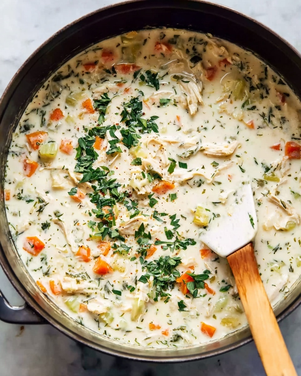 The image shows a close-up of a creamy soup in a black pot resting on a white marbled surface. The soup has a thick white base with small pieces of orange carrot, light green celery, and bits of white chicken mixed evenly throughout. Dark green chopped herbs are sprinkled on top, adding contrast to the light creamy texture. A wooden spoon with a white silicone spatula end is stirring the soup inside the pot, partially submerged. The colors and textures of the vegetables and herbs are clearly visible against the smooth cream sauce. Photo taken with an iphone --ar 4:5 --v 7