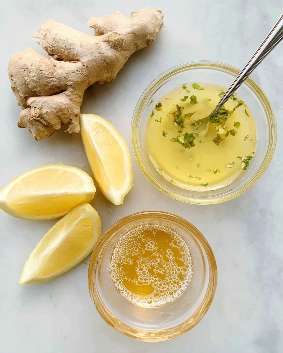 The image shows a white marbled background with fresh ginger root on the left, featuring its rough, light brown texture. In the middle, there are three lemon wedges with bright yellow skin and pale juicy insides. On the top right, a small clear glass bowl holds a yellowish liquid with green herb bits floating in it, and a silver spoon rests inside. Next to it, on the bottom right, there is a small clear cup filled with a transparent, golden liquid with bubbles on the surface. photo taken with an iphone --ar 4:5 --v 7