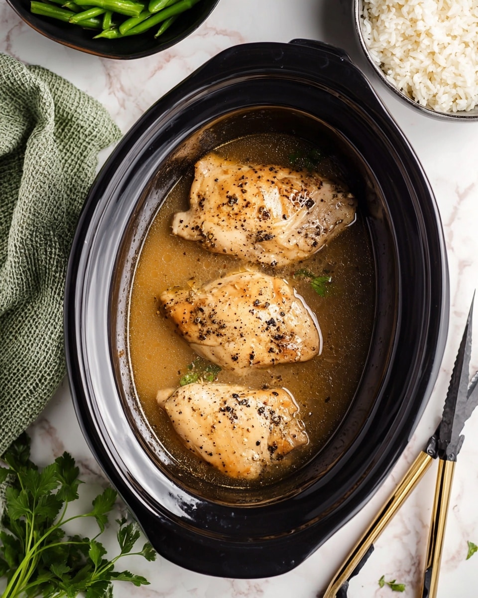 Inside a black slow cooker, there are three cooked chicken pieces in a light brown broth. Each chicken piece has a light golden color with dark pepper specks on top. The broth looks clear and slightly oily, filling some space around the chicken. The slow cooker is placed on a white marbled surface. On the top right, there is a white bowl filled with white rice. On the top left, there is a black bowl with bright green beans. A green and white textured cloth is on the bottom left, and near it are some fresh green herbs. A pair of black and gold kitchen tongs lay to the right of the slow cooker. Photo taken with an iphone --ar 4:5 --v 7