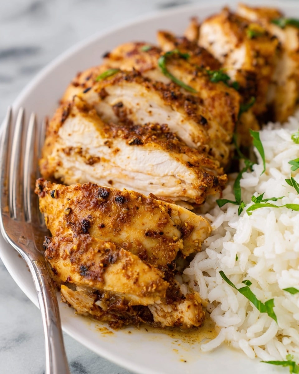 The image shows a close-up of several pieces of cooked chicken arranged on one side of a white plate. The chicken has a golden brown color with visible spices and herbs on its surface, showing a textured and seasoned look. The chicken pieces are layered in a slightly overlapping way, with the top layers showing the inner white meat with fibrous texture. On the other side of the plate, there is a serving of white rice garnished with small green herb bits. The plate rests on a white marbled surface, and a shiny metal fork is visible resting near the chicken. photo taken with an iphone --ar 4:5 --v 7