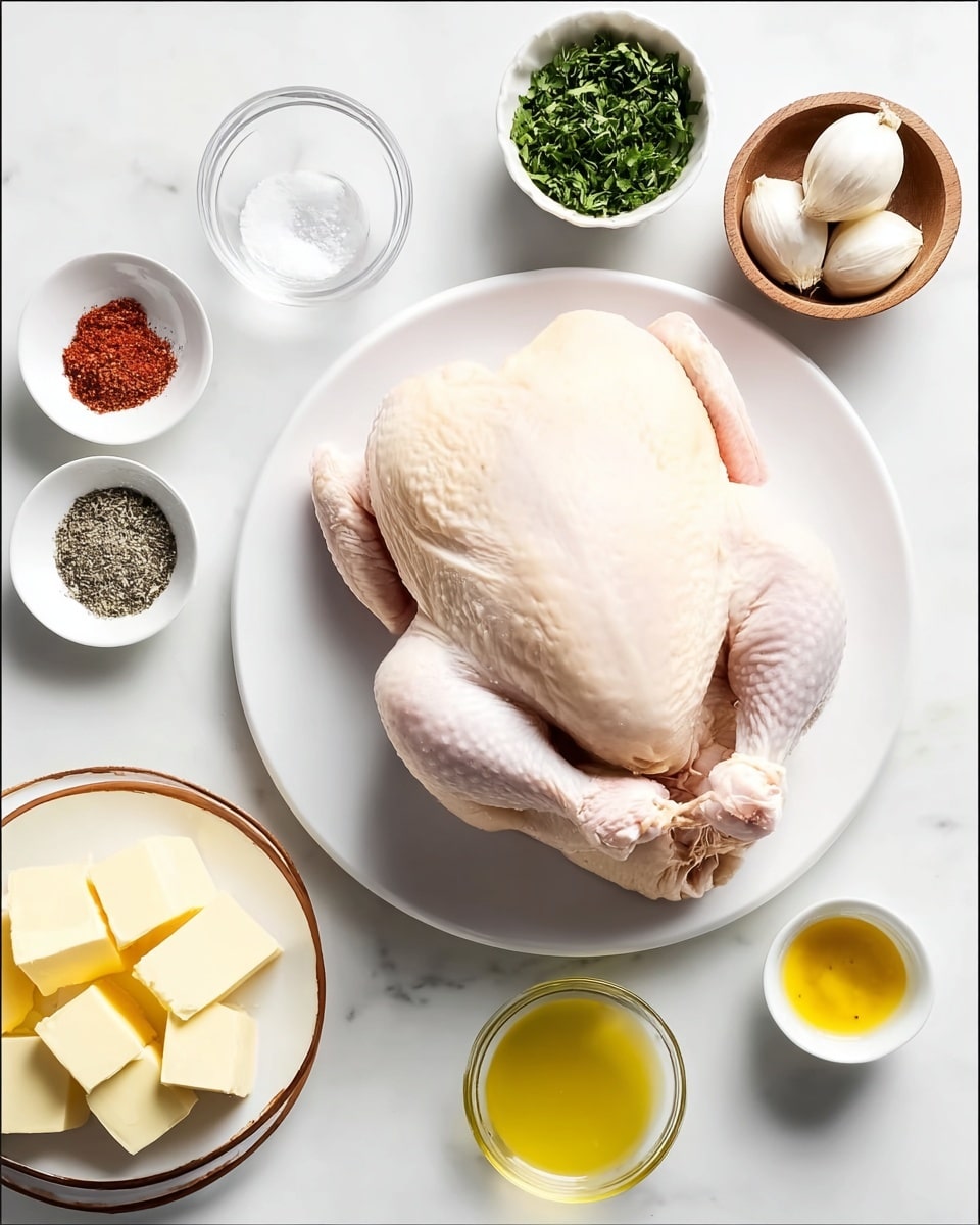 A raw whole chicken with pale pink skin is placed in the center of a large white plate on a white marbled surface. Surrounding the chicken are small bowls and plates with various ingredients: a white bowl with bright green chopped herbs at the top right, a wooden bowl with three whole garlic cloves next to it, a small glass bowl with black pepper below that, a small glass bowl of white salt, and a small cup filled with golden yellow oil at the bottom right. On the bottom left, there is a white plate with a brown rim holding six pale yellow cubes of butter. Also visible are two small bowls near the top left—one containing red powder and the other with dried green herbs. Photo taken with an iphone --ar 4:5 --v 7