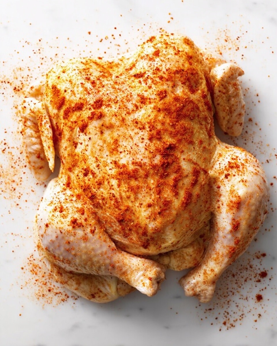 A whole raw chicken lays flat on a white marbled surface, spread out evenly with wings and legs extended. The chicken's pale skin is covered with a generous sprinkle of reddish-orange spices that create a textured layer on top, with small amounts scattered on the surface around it. The chicken's surface shows natural folds and creases, especially near the wings and thighs, giving a sense of its plumpness and freshness. photo taken with an iphone --ar 4:5 --v 7