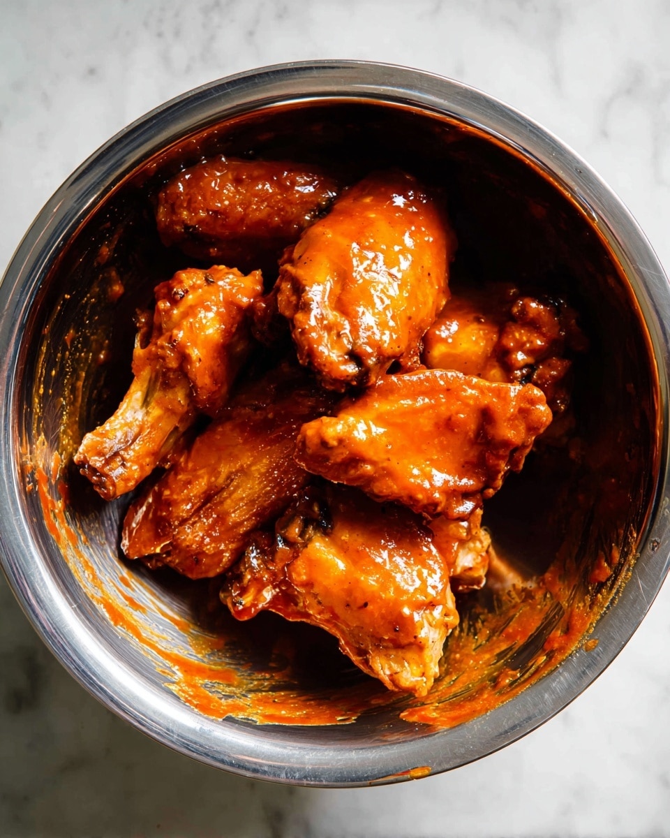 A shiny metal bowl filled with about eight pieces of chicken wings coated in a thick, glossy, orange-red sauce. The wings are clustered in the center, showing a mix of smooth and slightly crispy textures under the sauce. The bowl sits on a white marbled surface, and some sauce streaks cling to the sides inside the bowl. The lighting highlights the rich color and shine of the sauce on the chicken wings photo taken with an iphone --ar 4:5 --v 7