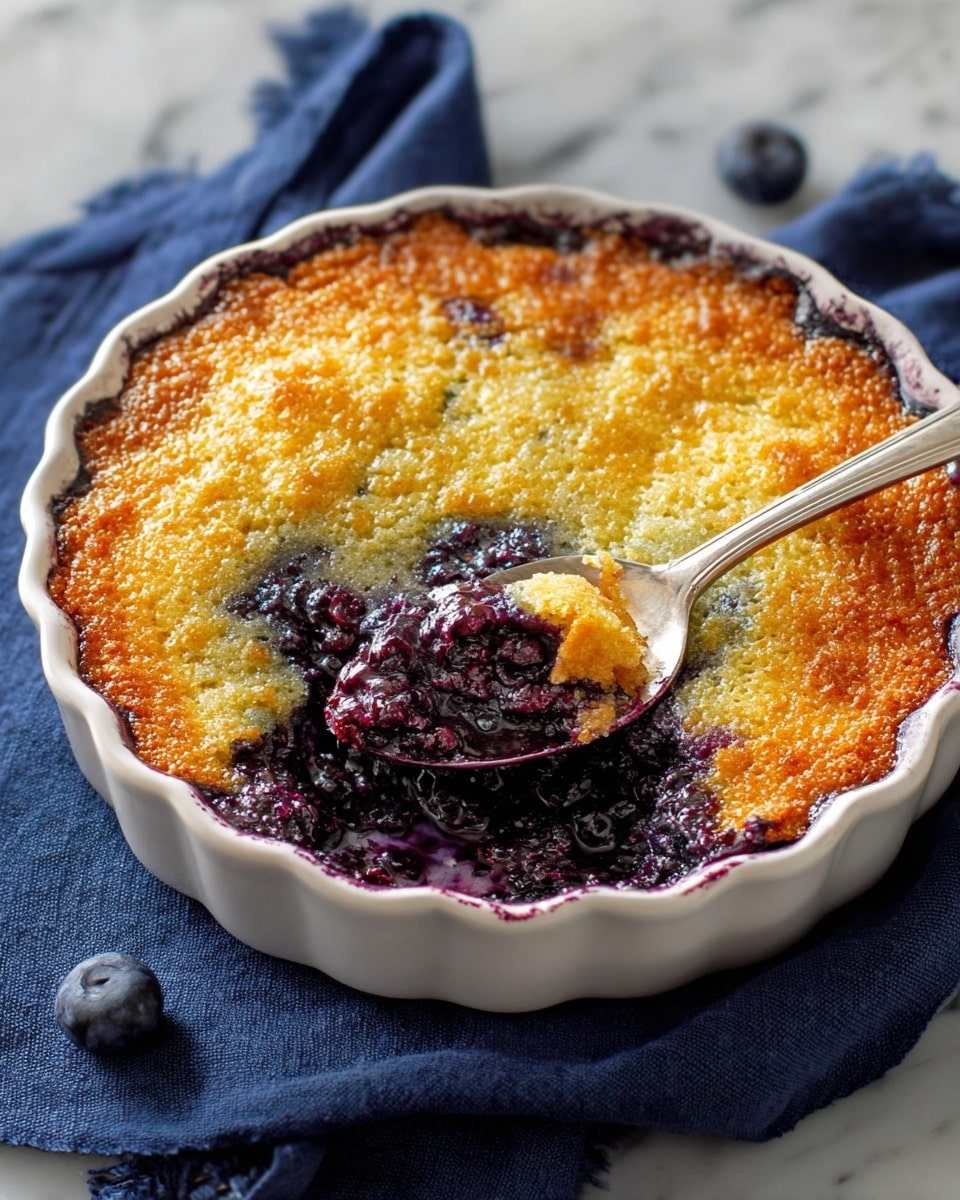 The dish is a baked blueberry cobbler served in a white round ceramic dish with scalloped edges. The top layer is golden brown with a slightly rough texture and some shiny spots, indicating melting sugar or butter. A spoon has scooped out part of the cobbler, revealing the thick, dark purple blueberry filling underneath, which looks juicy and soft. The dish is placed on a dark blue cloth on top of a white marbled surface. A silver spoon rests inside the scooped-out section, partly covered in the blueberry filling. Photo taken with an iphone --ar 4:5 --v 7