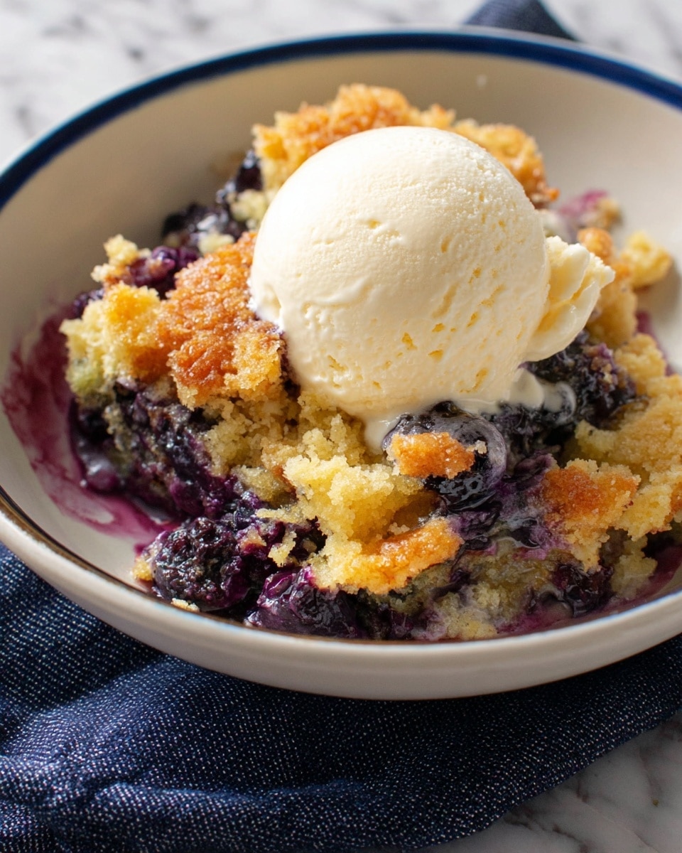 The image shows a white bowl with two main layers: the bottom layer is a colorful, crumbly berry dessert with shades of golden brown, purple, and green giving a textured look, and the top layer is a smooth, round scoop of white vanilla ice cream placed right in the middle. A golden spoon rests in the bowl, and the bowl is set on a soft dark blue cloth on a white marbled surface. The photo taken with an iphone --ar 4:5 --v 7