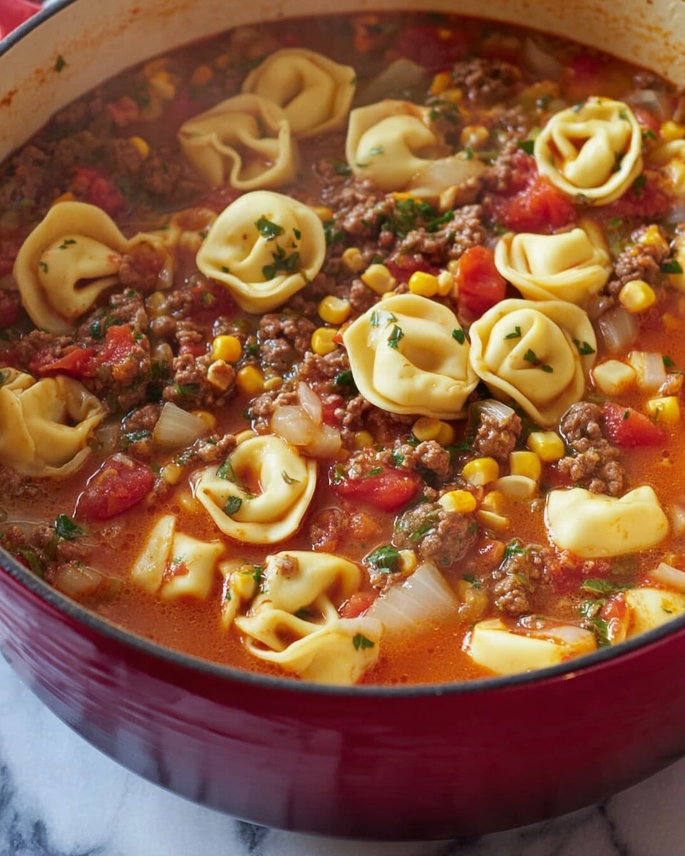 A close-up view of a deep red pot filled with a colorful stew showing three layers: the top layer has yellow tortellini pasta pieces with a light, slightly wrinkled texture mixed with small, dark brown cooked ground meat chunks, yellow corn kernels, and small pieces of green herbs and diced red tomatoes; below that is a liquid layer of light reddish-orange broth with smooth consistency, and scattered small vegetable pieces like diced tomatoes and translucent onions; the pot sits on a white marbled surface, with some steam rising, giving a warm, fresh cooked feeling. Photo taken with an iphone --ar 4:5 --v 7