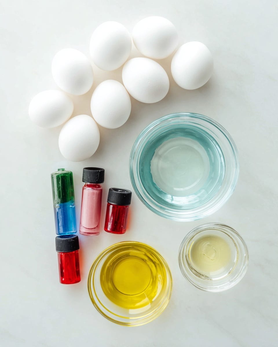 The image shows a white marbled surface with ingredients laid out neatly. There are seven white eggs grouped in a loose cluster on the left side. Next to the eggs are four small bottles of food coloring in red, green, pink, and blue, arranged vertically. To the right, there are three clear glass bowls, the top one filled with a light blue liquid, the middle one containing yellow oil, and the bottom one with clear water. The whole scene is bright with soft lighting, making the colors of the oils and food coloring stand out clearly. photo taken with an iphone --ar 4:5 --v 7