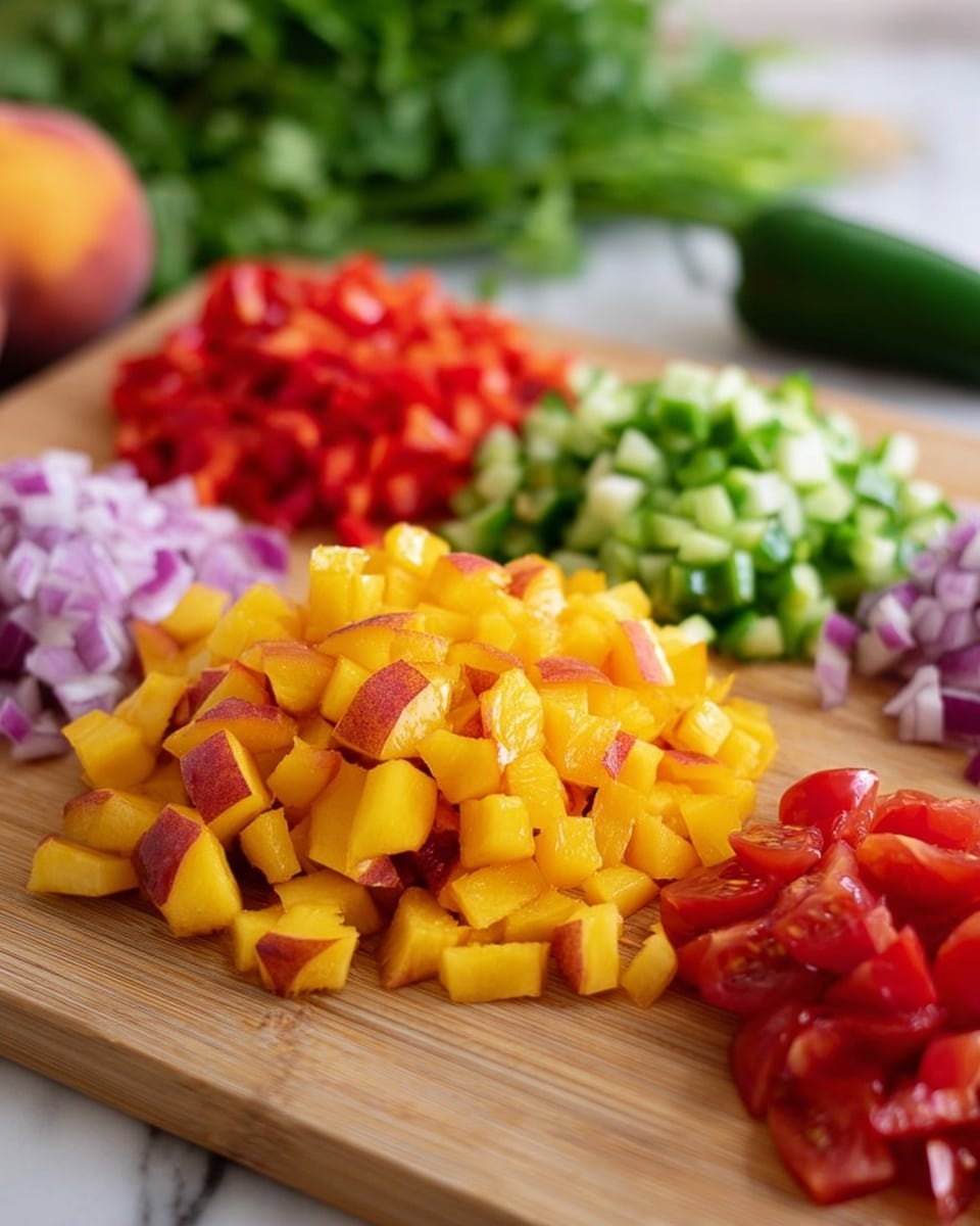 The image shows five piles of finely chopped ingredients arranged on a wooden cutting board. At the front is a large pile of yellow and red chopped peaches with their skin on, shining slightly. Behind it to the left is a pile of bright red chopped bell peppers, while in the middle is a smaller pile of green chopped cucumbers. To the right of the cucumbers is a pile of finely chopped red onions, with their purple and white colors. At the far right is a pile of freshly chopped red tomatoes, displaying their juices and seeds. The background is softly blurred with fresh green herbs and a green jalapeno on a white marbled surface. photo taken with an iphone --ar 4:5 --v 7