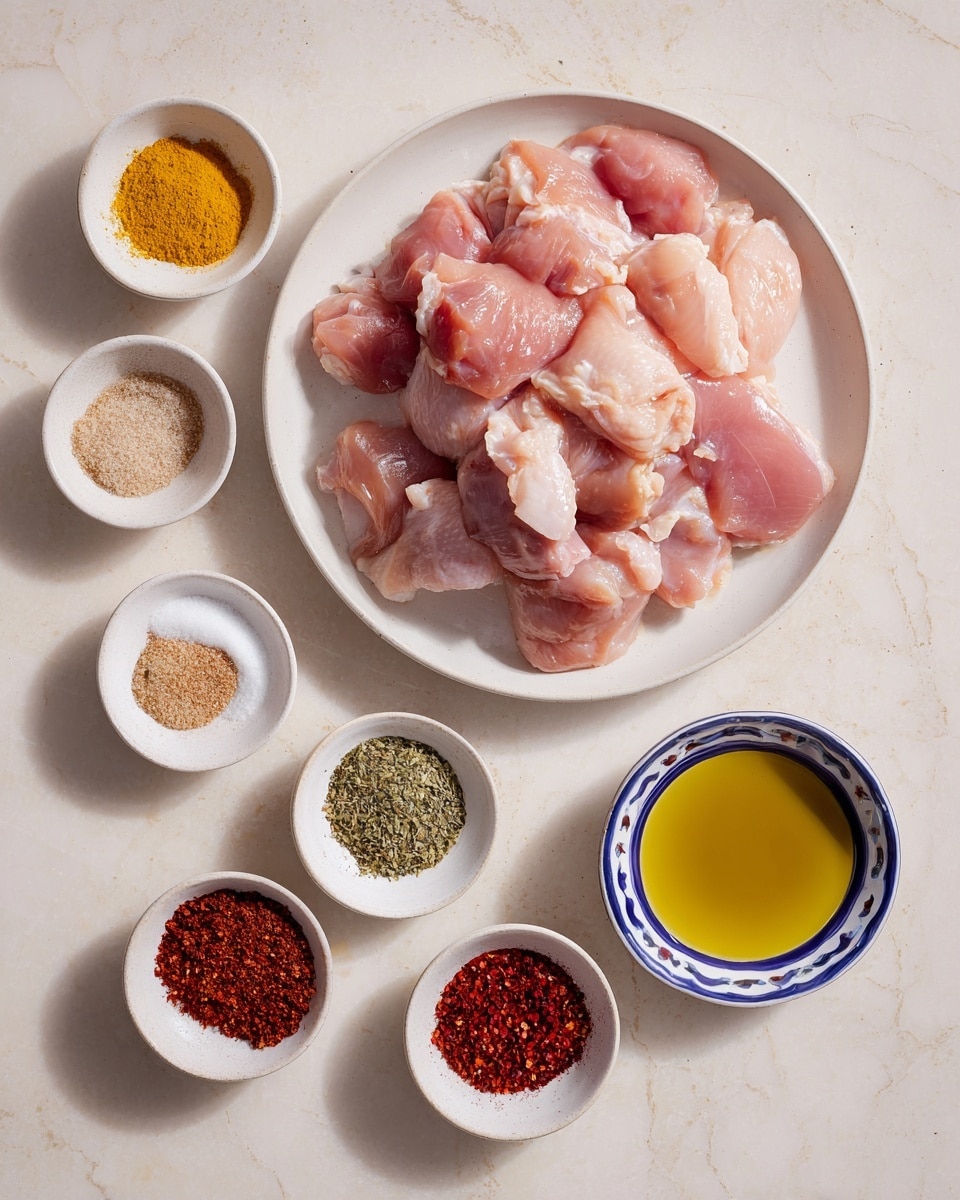 A large white plate is piled with raw, pink chicken pieces showing smooth, wet textures. Surrounding the plate are seven small white bowls, each containing different spices and oils: a yellow powder, white salt crystals, light brown powder, bright red powder, green dried herbs, dark red chili flakes, and golden olive oil in a white bowl with a blue rim. All items rest on a white marbled surface with soft lighting. Photo taken with an iphone --ar 4:5 --v 7