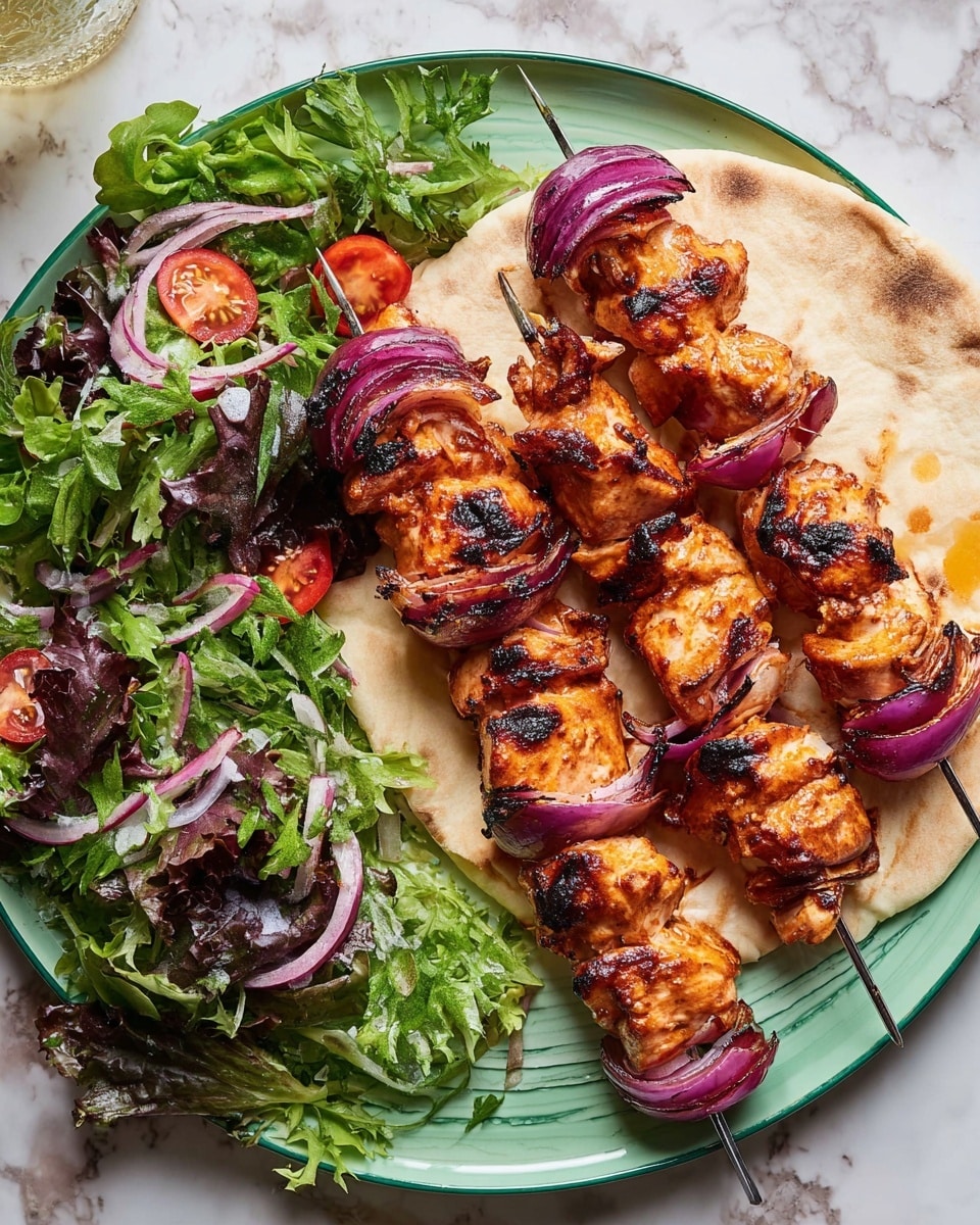 The image shows two skewers of grilled chicken pieces with reddish-brown char marks, each skewer alternating with thick slices of purple-red onion. The skewers rest on a round piece of beige flatbread, placed on a white plate with green edges. On one side of the plate is a bed of green leafy salad with mixed shades of dark green and purple leaves, accented by halves of small red cherry tomatoes and thin slices of purple onion. The white marbled background surface under the plate adds a clean look to the setting. photo taken with an iphone --ar 4:5 --v 7