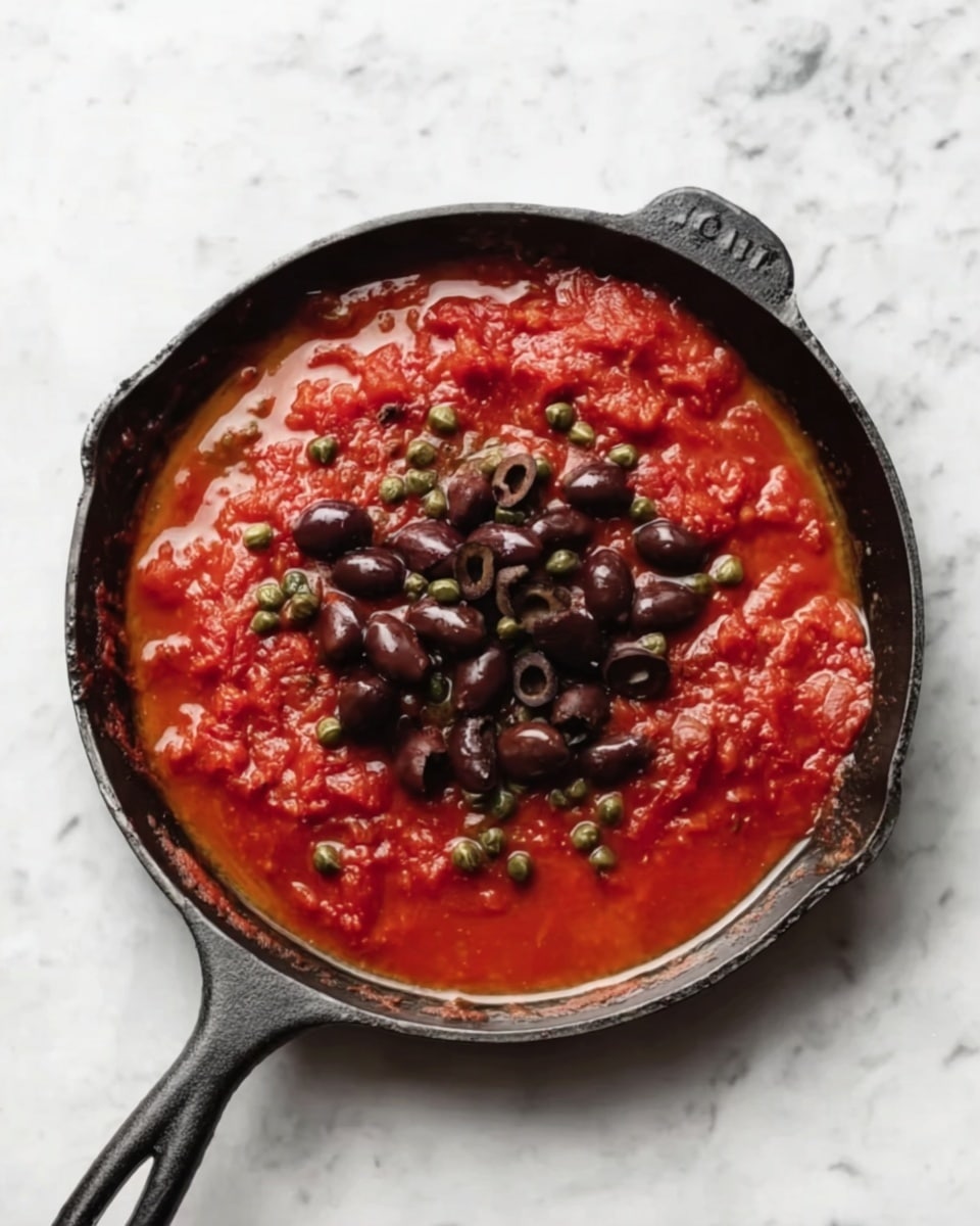 A black cast iron pan filled with a bright red tomato sauce that has a chunky texture. On top of the sauce, there are dark purple sliced olives and small green capers scattered mostly in the center. The pan sits on a white marbled surface, and the handle extends out to the bottom right. The sauce looks oily around the edges with a shiny surface. photo taken with an iphone --ar 4:5 --v 7