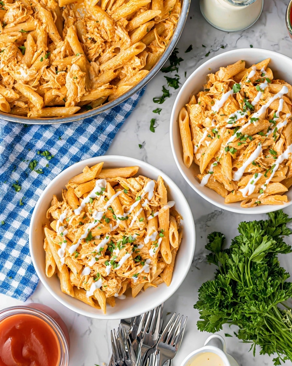 The image shows two white bowls filled with creamy orange-colored penne pasta mixed with shredded pieces of cooked chicken, topped with white sauce drizzled in lines over the pasta, and small green parsley leaves scattered on top. To the left, a silver pan holds more of the same creamy pasta and chicken mixture, with a few green parsley pieces sprinkled on top. Around the bowls and pan, there are small bunches of fresh green parsley, a small white sauce pitcher with red sauce inside, a small clear glass bowl with white sauce, and three silver forks placed on a blue and white checkered cloth on a white marbled surface. The photo taken with an iphone --ar 4:5 --v 7