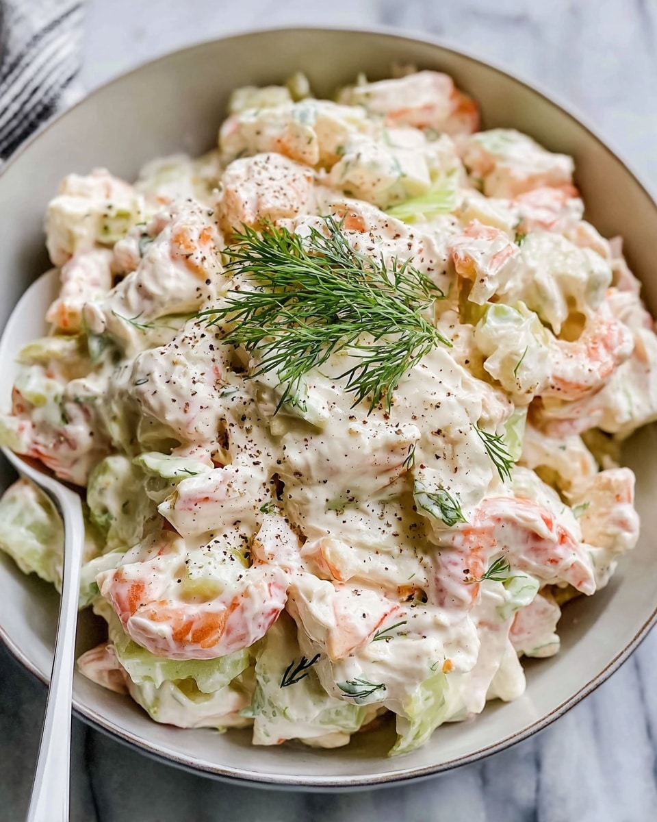 The image shows a white bowl filled with a creamy seafood salad that has a mix of pale pink and white pieces, likely crab and shrimp, coated in a thick white dressing. There are small bits of light green celery scattered evenly throughout the salad, giving a crunchy texture. Dark green dill leaves are placed on top, adding a fresh look, while a sprinkling of black pepper adds contrast with tiny dark specks. A white spoon is resting inside the bowl on the left side. The bowl sits on a white marbled surface photo taken with an iphone --ar 4:5 --v 7