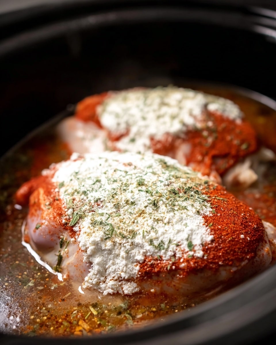 The image shows two pieces of raw chicken in a dark slow cooker. Each piece is covered with a layer of red seasoning and a thick layer of white powdery flour mixed with herbs on top. The chicken sits in a shallow pool of liquid at the bottom with visible bits of spices and herbs. The overall setting has a close-up view focusing on the texture of the chicken, seasoning, and flour. photo taken with an iphone --ar 4:5 --v 7