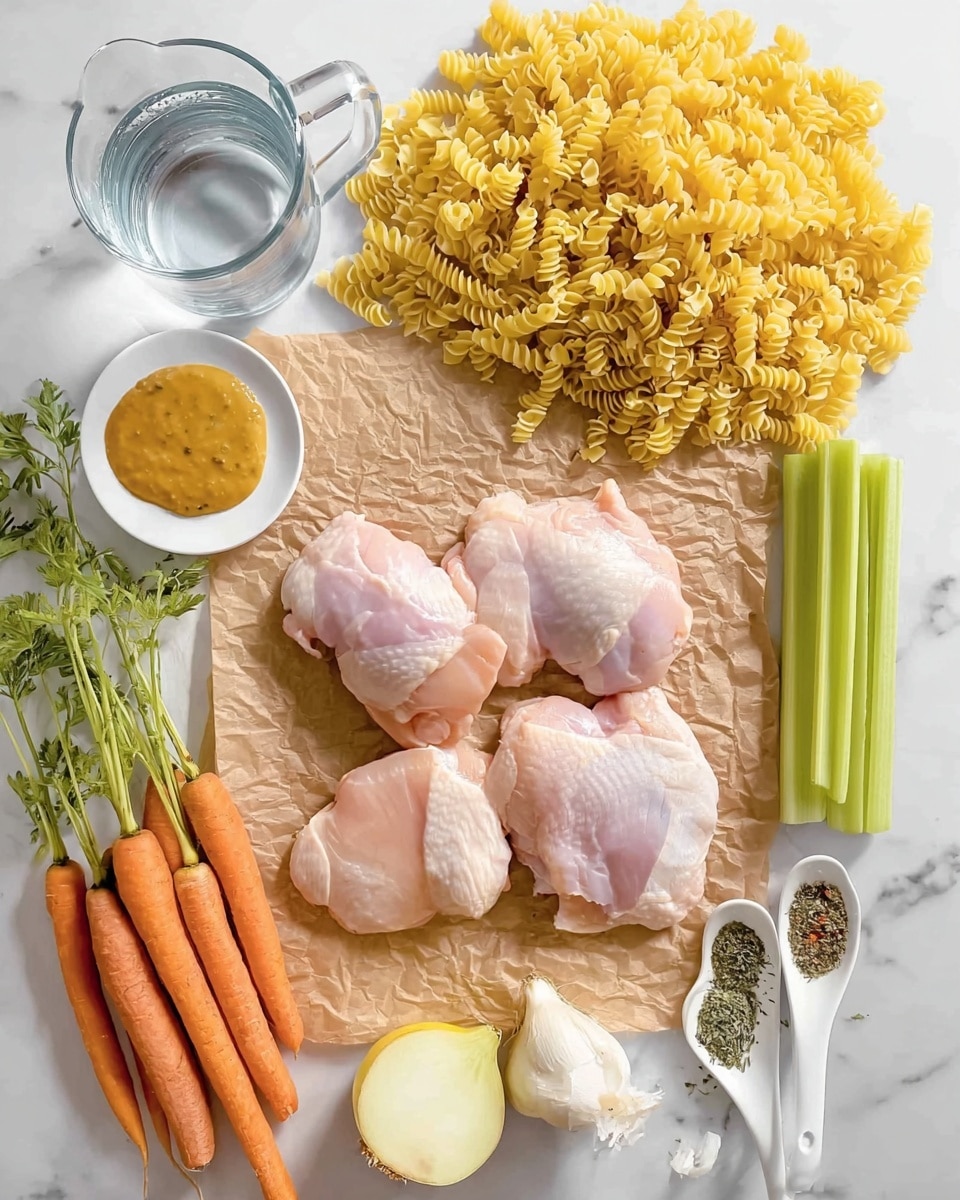 The image shows four raw pink chicken pieces placed on crumpled brown paper in the center. Above and to the right is a large pile of yellow uncooked curly pasta spread out. To the left of the chicken is a glass measuring cup filled with clear water and a small white plate holding a dollop of smooth orange mustard, black pepper, and salt. Below the chicken, a bunch of fresh orange carrots with green tops lie next to a halved yellow onion. To the right side are two white ceramic spoons, each holding dried green herbs, and two peeled garlic cloves. Long green celery sticks are placed vertically on the far right. All items rest on a white marbled surface photo taken with an iphone --ar 4:5 --v 7