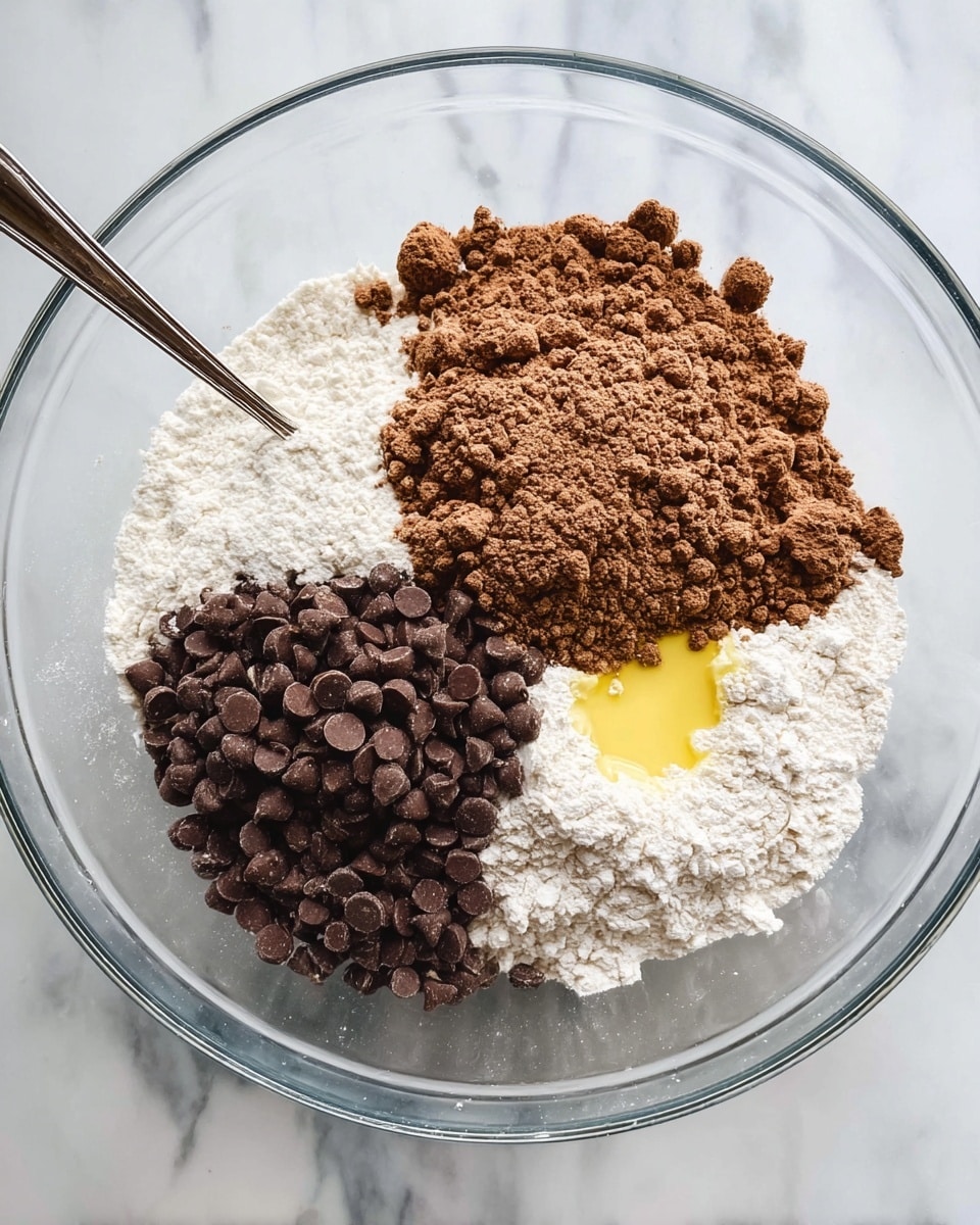 A clear glass bowl sits on a white marbled surface and holds four separate piles of ingredients, arranged in sections around the bowl. One section shows small, dark brown chocolate chips with a smooth and shiny texture. Next to it is a larger heap of dry, crumbly light brown cocoa powder with small clumps. Below these is a mound of fine, white flour that looks powdery and soft. At the center-bottom edge, a small pool of melted light yellow butter peeks out beneath the flour. A silver spoon rests inside the bowl, partially buried among the ingredients, with its handle pointing outwards. photo taken with an iphone --ar 4:5 --v 7
