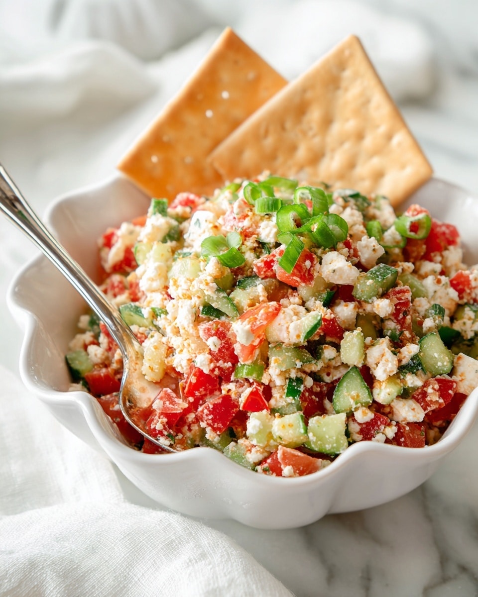 The image shows a white scalloped bowl filled with a colorful mix of small chopped pieces. The dish has three main layers: a base of soft white crumbled cheese, mixed evenly with bright red tomato chunks, and fresh green cucumber pieces. Scattered throughout are thinly sliced green onions adding texture and depth. On top near the back, two rectangular pale crackers stand upright, adding height and contrast. A shiny silver spoon is placed on the left side inside the bowl, ready for serving. The bowl sits on a white marbled surface with a soft white fabric underneath in the background, giving a clean and fresh look. Photo taken with an iphone --ar 4:5 --v 7
