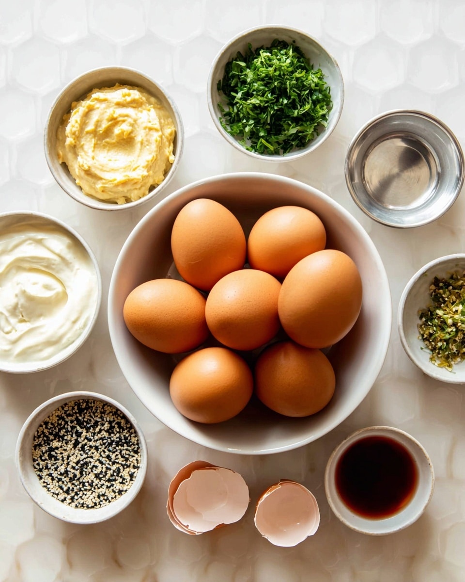 A large white bowl filled with a group of smooth brown eggs is centered in the image, surrounded by smaller white bowls with various ingredients: thick white cream, creamy mustard-yellow paste, finely chopped green herbs, and a small bowl of mixed black and white sesame seeds. Two halved eggshells are shown, one empty and one with a dark red liquid inside. All bowls are placed on a white marbled surface with a subtle circular pattern. photo taken with an iphone --ar 4:5 --v 7