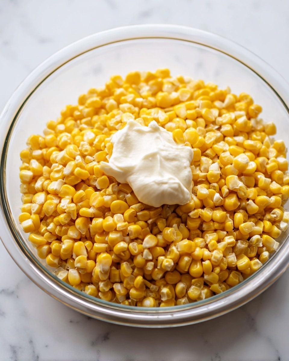 A clear glass bowl sits on a white marbled surface filled with a single thick layer of bright yellow corn kernels. On top of the corn in the center, there is a dollop of smooth, creamy white sauce. The bowl is simple and transparent, showing the texture and color of the corn clearly. Photo taken with an iphone --ar 4:5 --v 7