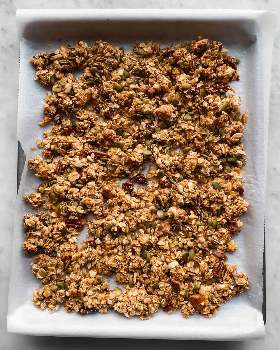 The image shows a flat layer of granola spread over white parchment paper on a tray. The granola has a rough texture with visible pieces of oats, nuts like almonds and pecans, seeds such as pumpkin and sunflower, and small clusters holding the mix together. The colors range from light golden brown to darker toasted brown, with green seeds scattered throughout. The granola is unevenly spread, showing some small gaps in the center and edges. The surface beneath the tray is a white marbled texture. photo taken with an iphone --ar 4:5 --v 7