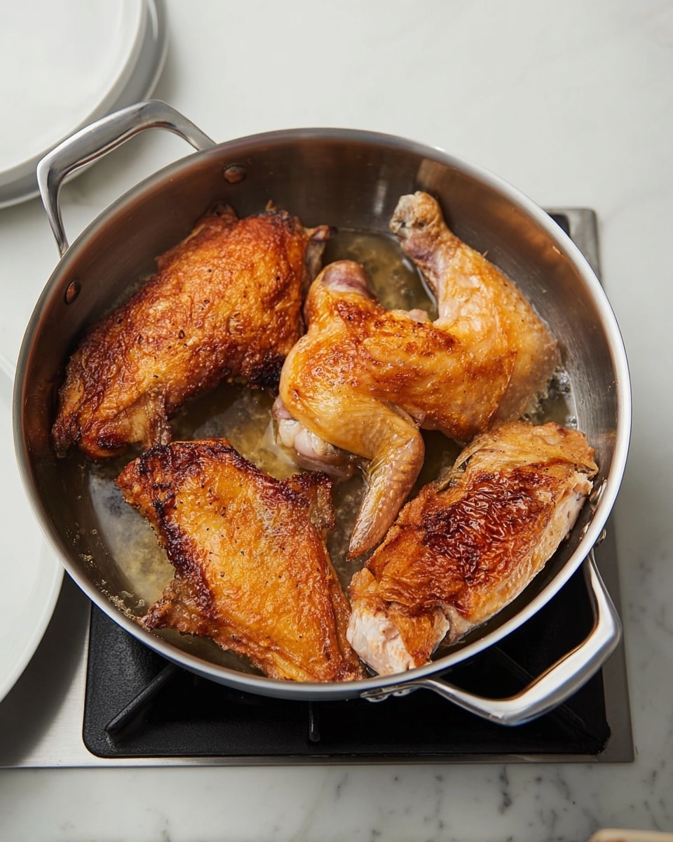 A metal pan with two handles holds three pieces of chicken cooking, each with a crispy, golden-brown skin on top. The chicken pieces are arranged side by side, with one large piece in front showing a smooth, browned surface, a middle piece shaped like a pair of wings with a detailed textured skin, and the third, a long strip with a similarly browned crispy surface. The pan sits on a stovetop burner, and beside it, a white plate is partially visible on a white marbled textured surface. The image is clear and bright. photo taken with an iphone --ar 4:5 --v 7