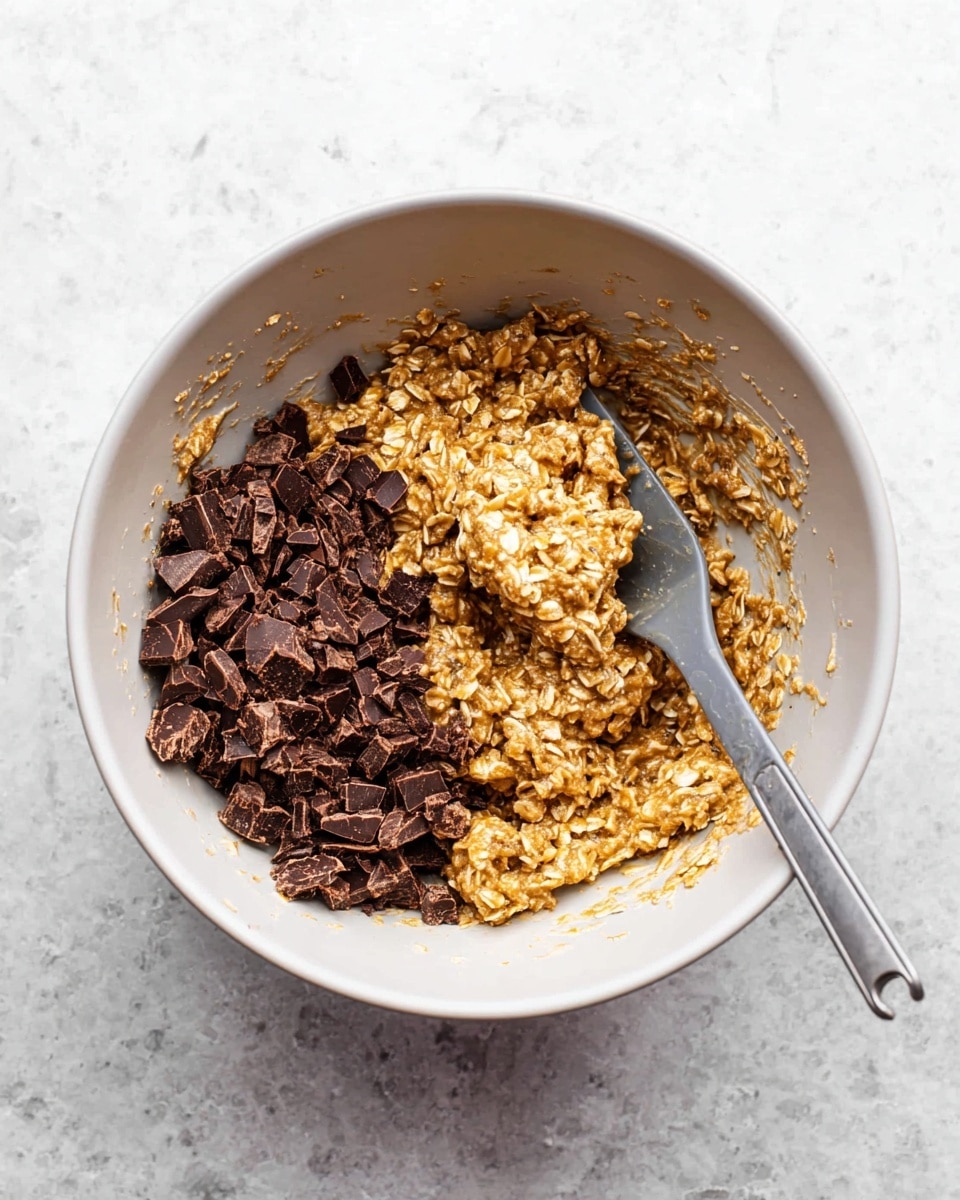 A white bowl holds a mixture of thick, golden brown oat batter and a pile of dark chocolate chunks on one side. The oat batter looks sticky and textured, made of oats coated in the brown mixture. A gray spatula with a silver handle rests inside the bowl, partially covered in the oat mix. The bowl sits on a white marbled surface, providing a clean, bright background. photo taken with an iphone --ar 4:5 --v 7