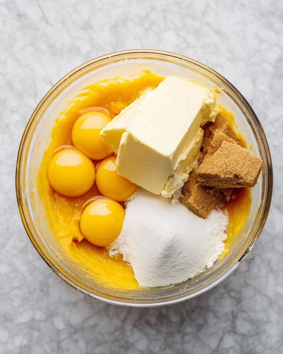 A clear mixing bowl with bright yellow pumpkin puree at the bottom, holding three raw egg yolks on the left side. On top of the puree and eggs, there is a large block of pale yellow butter, a heap of white sugar on the right, and a smaller pile of brown sugar near the top left. The bowl sits on a white marbled surface, and the ingredients all look ready to be mixed together. photo taken with an iphone --ar 4:5 --v 7