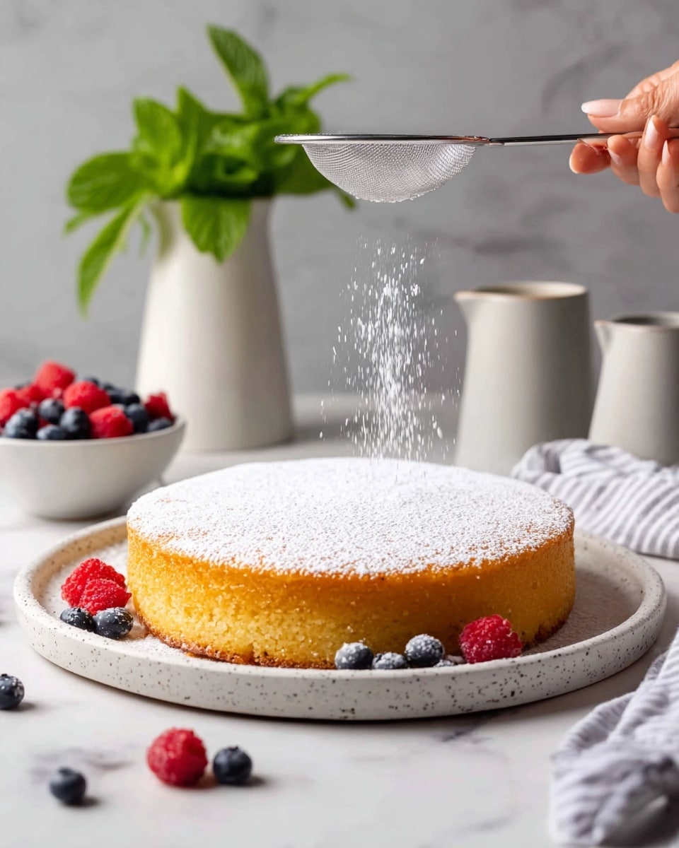 A round, golden cake with a slightly rough texture sits flat on a white speckled plate. The top of the cake is covered in a fine layer of white powdered sugar being gently sprinkled through a small metal sieve held by a woman's hand above it. Scattered around the base of the plate are fresh blueberries and raspberries. In the background, there is a white speckled vase with green mint leaves, a white bowl filled with more berries, a small white pitcher, and a gray jug, all placed on a white marbled surface with a gray and white striped cloth lying nearby. photo taken with an iphone --ar 4:5 --v 7